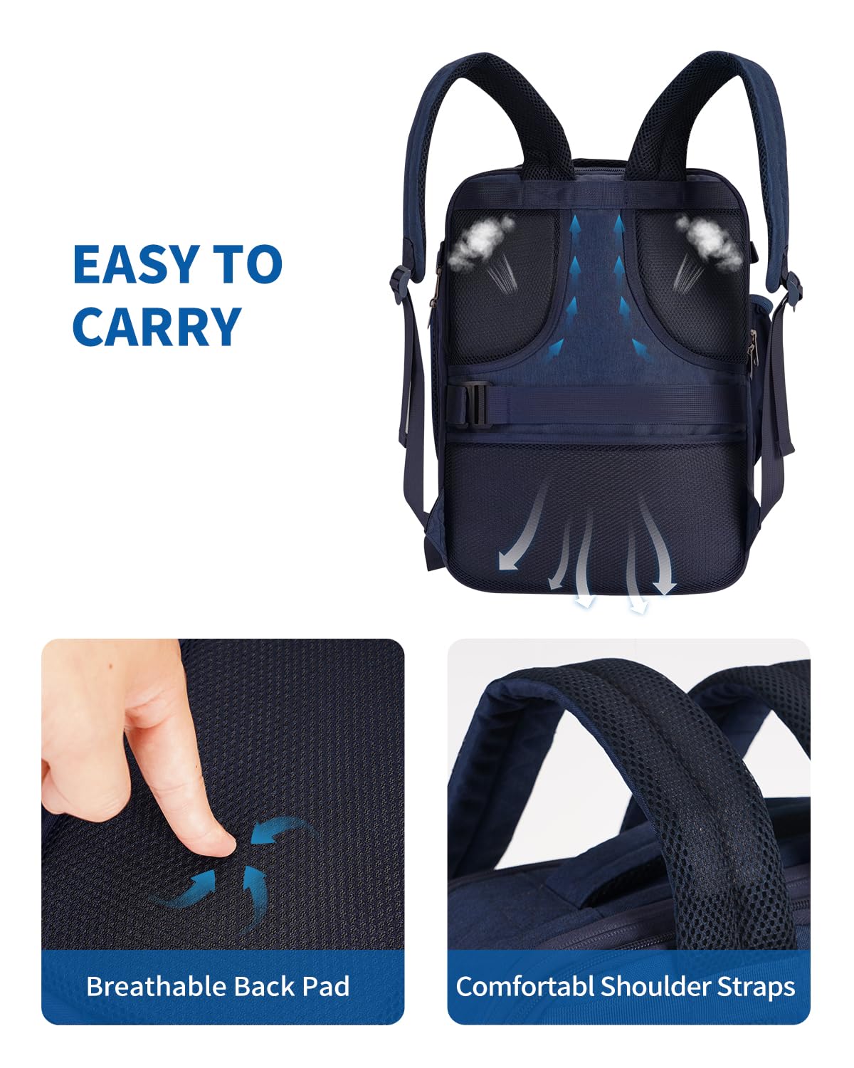 WANDF Expandable 17 Inch Laptop Backpack - Airline Approved Carry-On Bag 18x14x8 with Water-Resistant Pocket for Men & Women (Navy Blue) - Perfect for Travel, Work & School