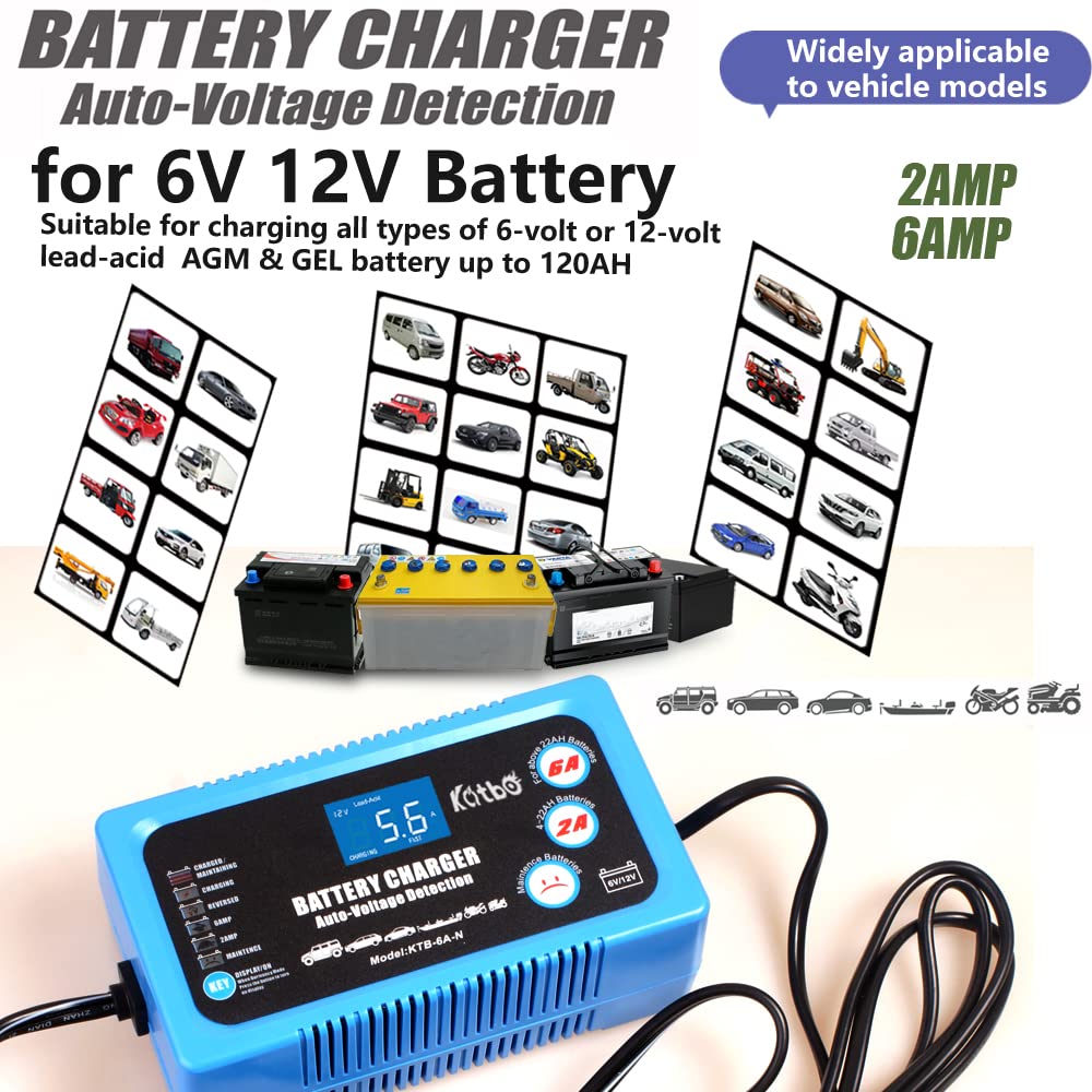 Katbo 12V 6V 6A Smart Battery Charger for Car, AGM, Gel & SLA - LCD Display for Easy Monitoring