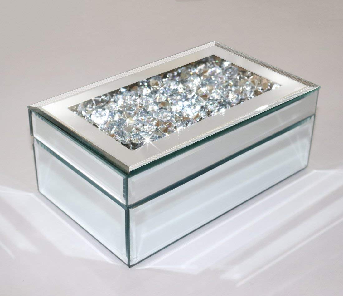 Luxury Silver Crushed Diamond Glass Jewelry Box Organizer - Elegant Mirror Storage Case for Necklaces, Rings & Earrings - Perfect for Women's Dresser, Wedding Gift & Travel Jewelry Organizer