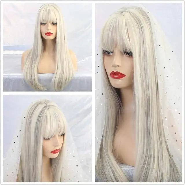 Ombre Long Straight Wig with Tipped Ends & Bangs - Natural Look for Cosplay, Halloween, and Daily Wear