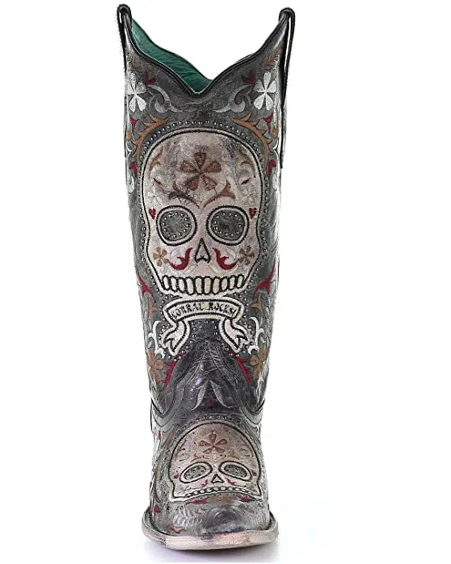 E1587 Women's Western Cowgirl Leather Boots - Black Skull Design for Rodeo & Country Fashion | Perfect for Horseback Riding, Line Dancing & Cowgirl Style Outfits