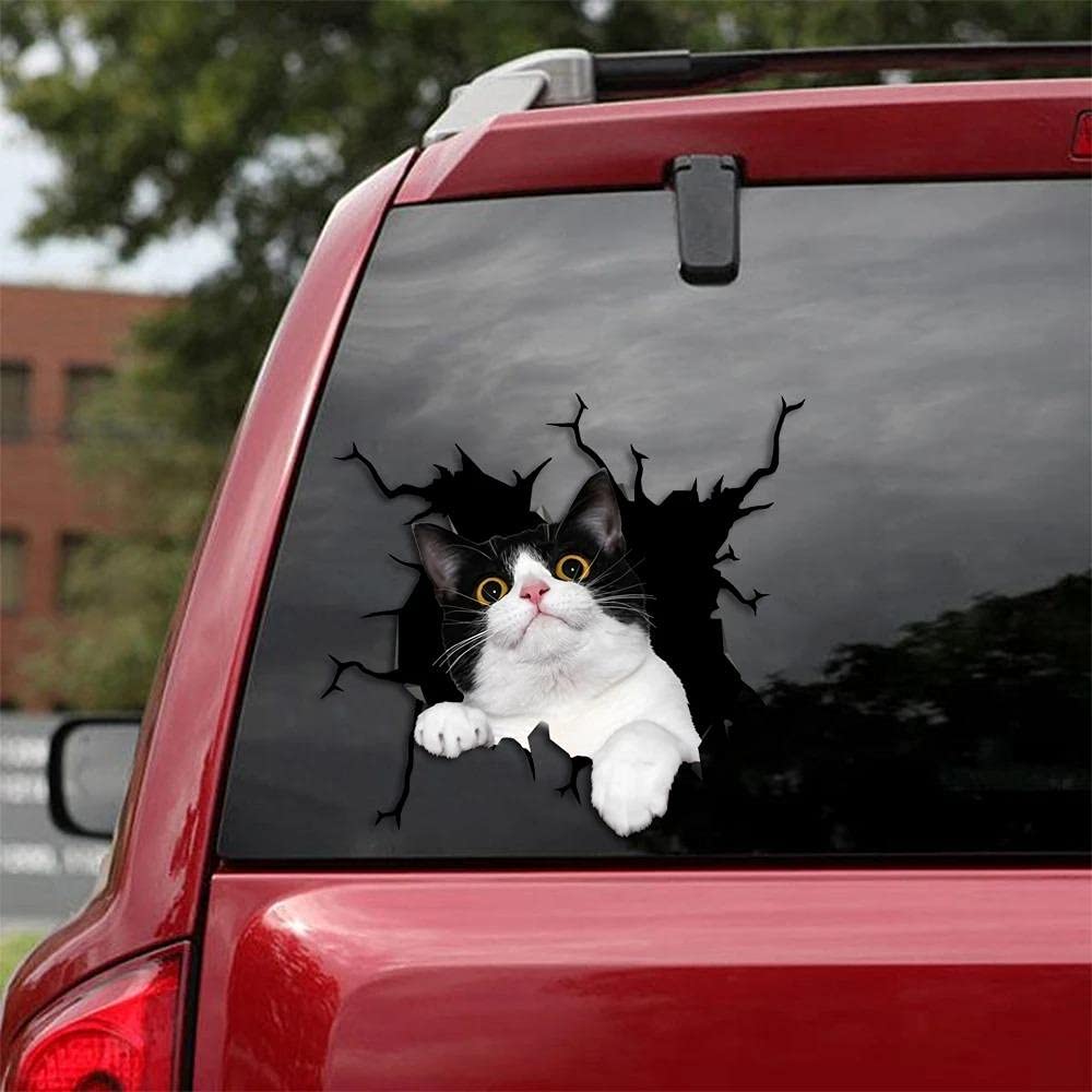 LiuXunJU Tuxedo Cat Crack Car Stickers - 3D Vinyl Decals for Windows, Cars, Trucks, Toolboxes & Laptops - Durable Adhesive for All Hard Smooth Surfaces - Perfect for Vehicle Customization & Personalizing Your Devices