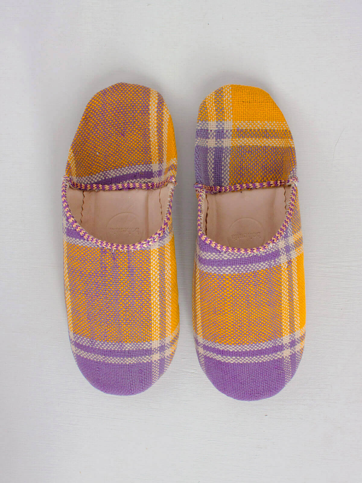 Authentic Moroccan Boujad Basic Babouche Slippers - Mustard & Lilac Checkered Design - Comfortable House Shoes for Men & Women - Perfect for Home, Lounge, and Cultural Fashion Wear