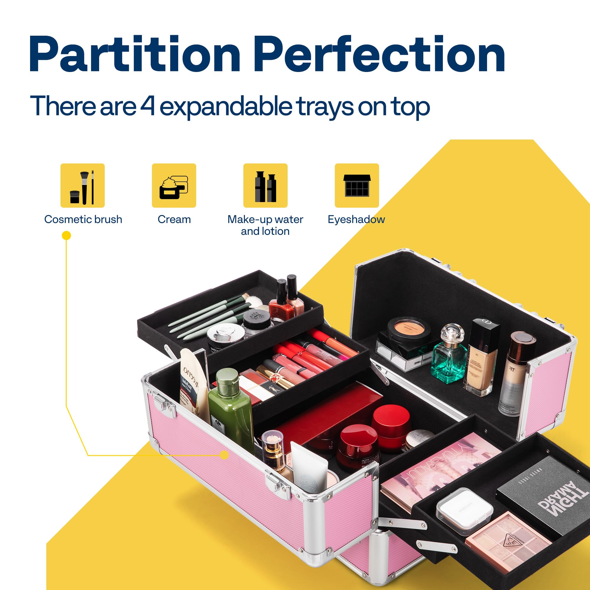 VIVOHOME 4-in-1 Professional Makeup Rolling Train Case - Aluminum Cosmetic Organizer Trolley with Shoulder Straps & 2 Keys, Pink (Cosmetics Not Included) | Perfect for Salon Professionals, Mobile Makeup Artists & Beauty Enthusiasts