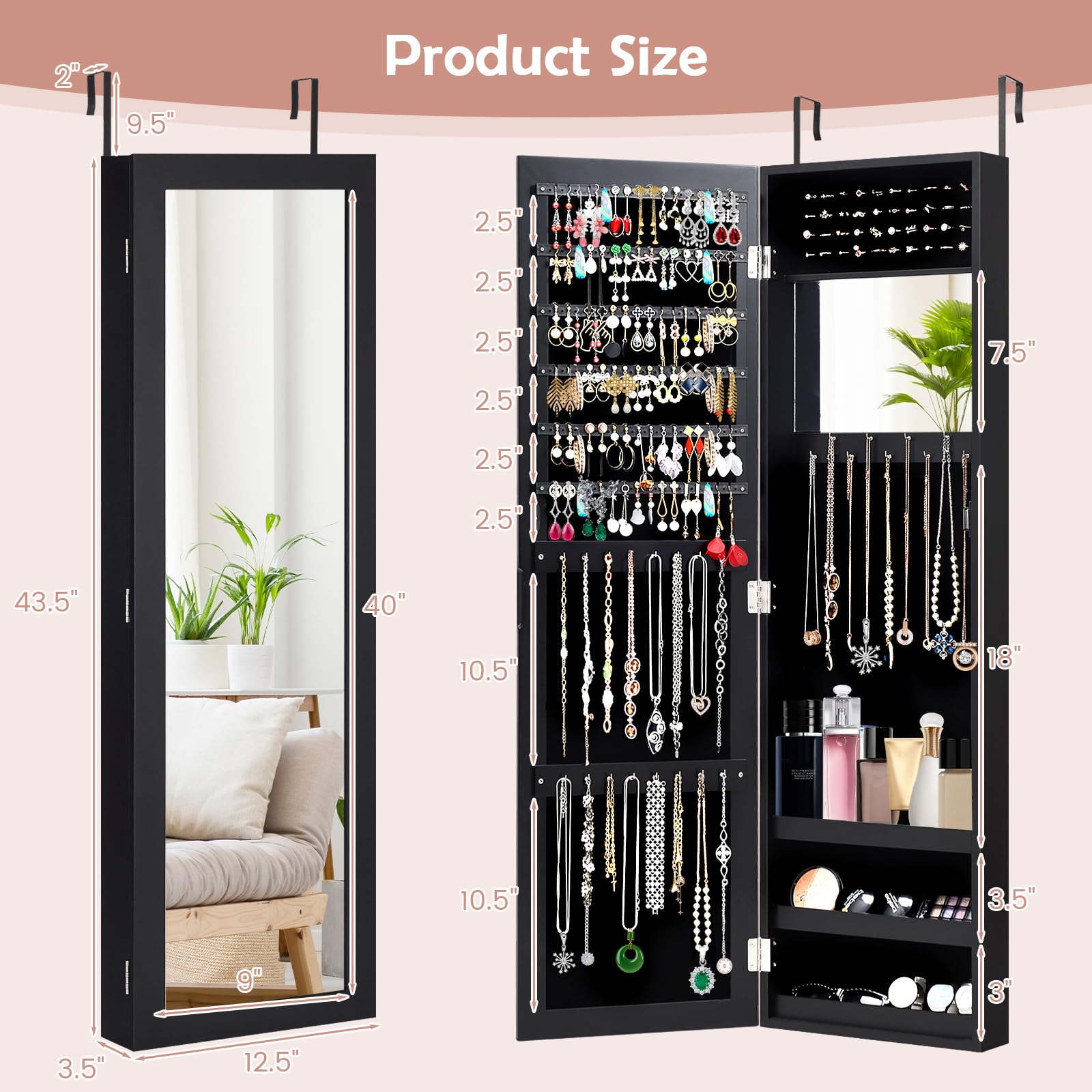 HAPPYGRILL Jewelry Armoire Organizer - Full-Length Mirror & Makeup Mirror, Earring Shelves, Ring Slots, 25 Necklace & Bracelet Hooks - Wall Mounted Jewelry Cabinet (Black) - Perfect for Bedroom, Closet & Dressing Room Organization