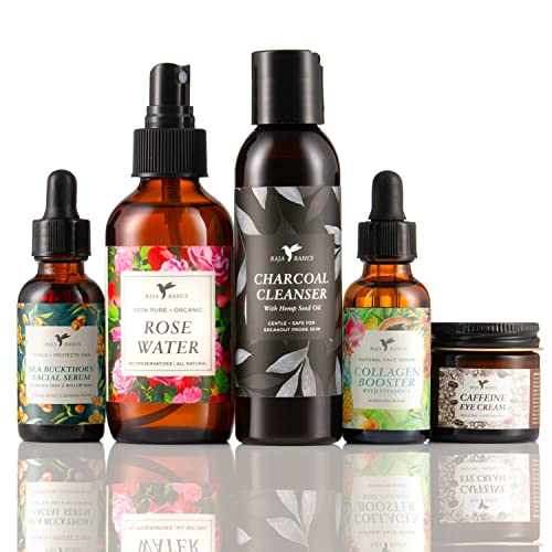 Baja Basics Skin Clearing Bundle - Sea Buckthorn Facial Serum, Rose Water Spray, Charcoal Cleanser, Collagen Booster & Caffeine Eye Cream for Acne-Prone Skin | Daily Skincare Routine for Clear & Glowing Complexion