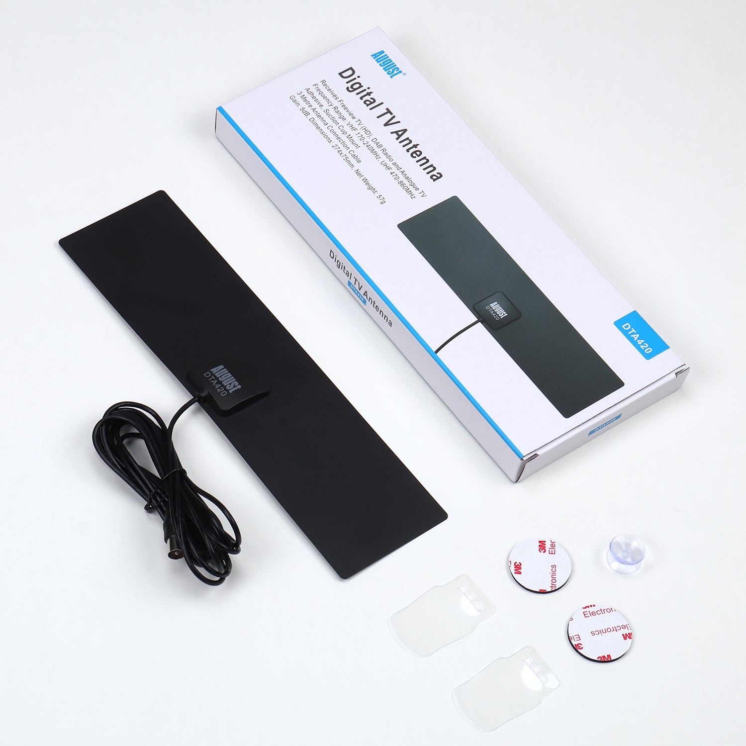 August DTA420 Flat Digital TV Antenna - High Gain Indoor HDTV Antenna for Freeview Channels | 5dBi Reception, Window/Wall Mount | Perfect for Home, Office & RV Use