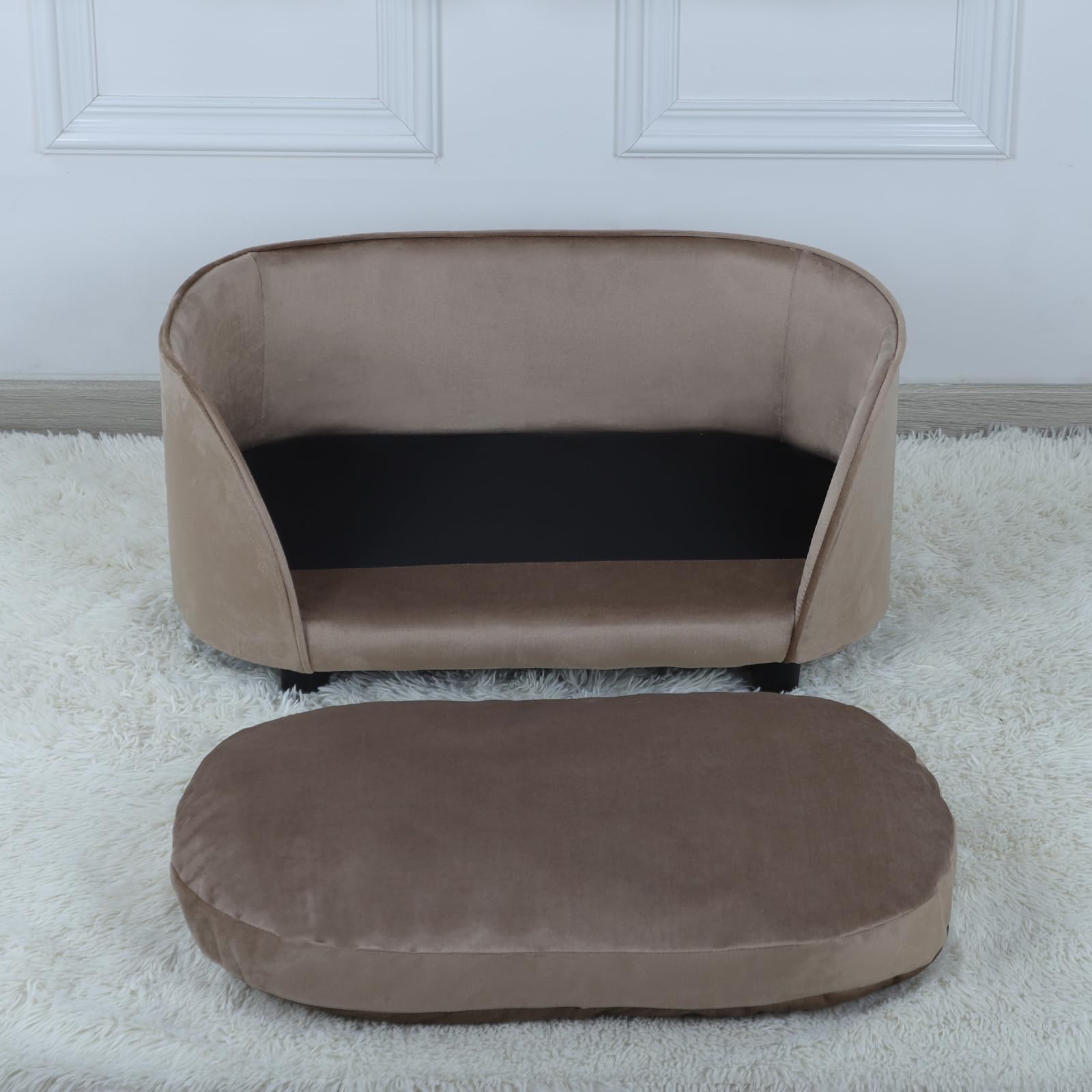 Premium Wooden Frame Velvet Pet Sofa Bed - Washable Cushion Comfy Cat & Small Dog Couch for Puppies - Cozy Pet Furniture for Living Room, Bedroom & Home Decor (Brown)