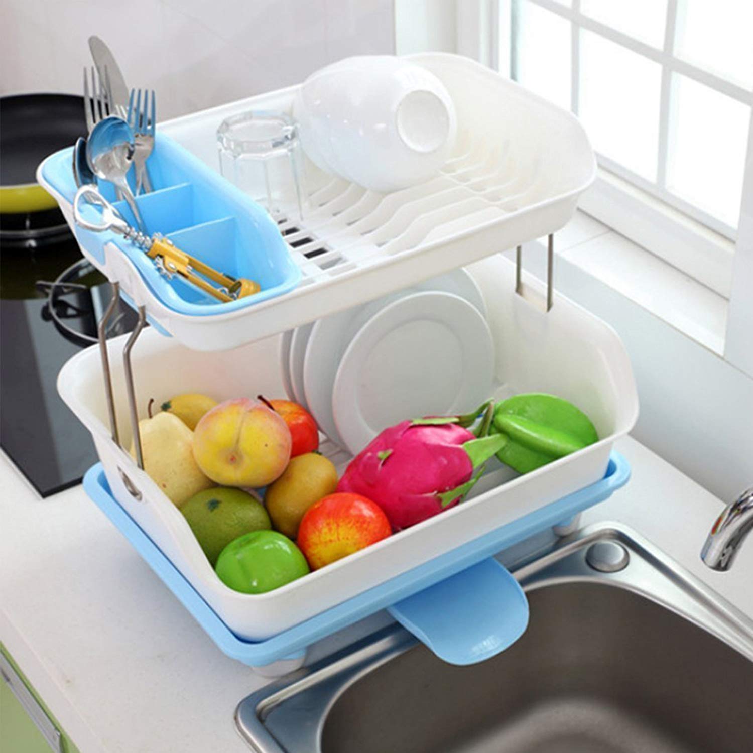 Vruta 2-Tier Plastic Dish Drainer Rack - Kitchen Sink Organizer for Plates, Cutlery, Fruits & Vegetables - Space-Saving Drying & Storage Stand (Multi-Color) | Perfect for Small Kitchens & Countertop Organization