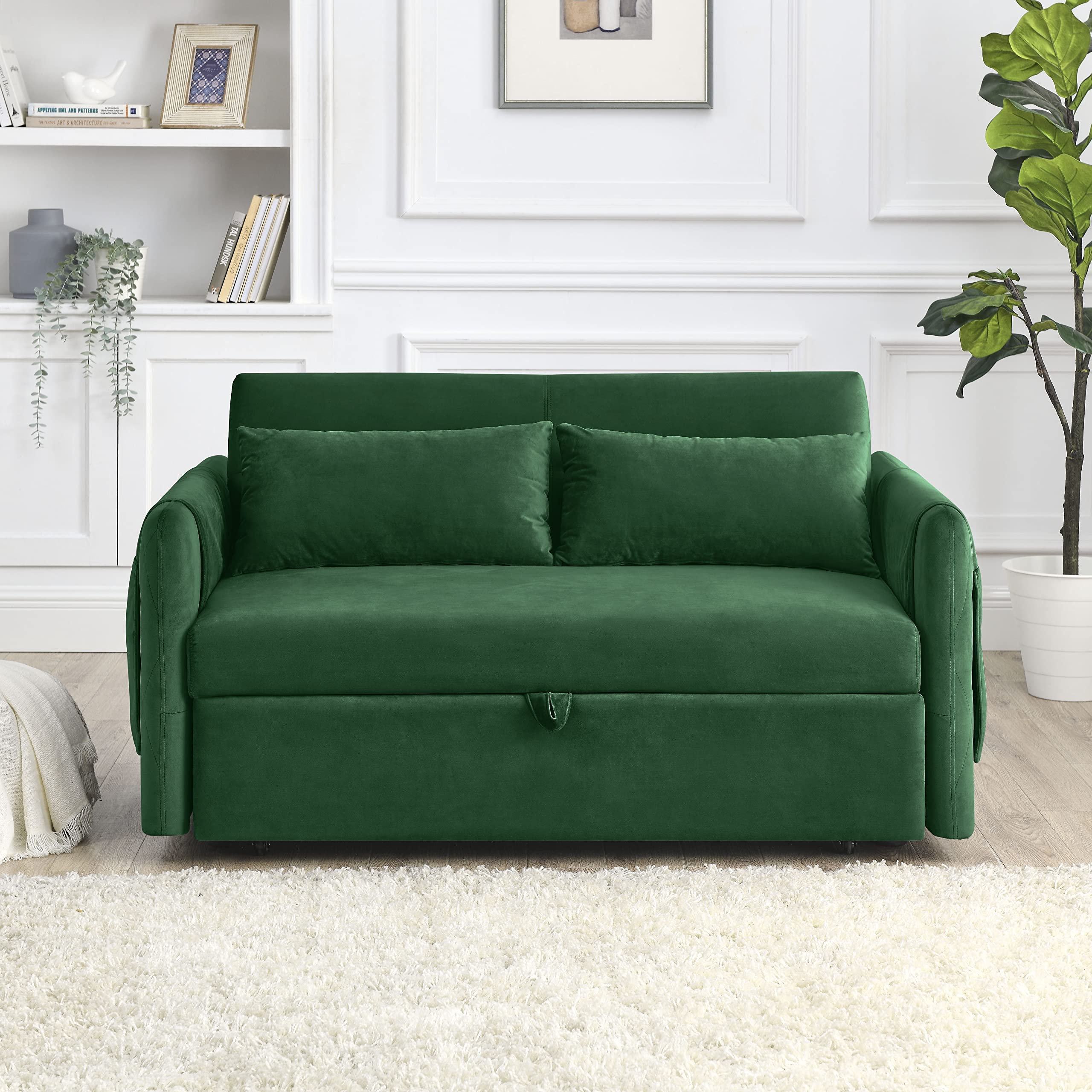 2-in-1 Pull Out Sofa Bed with 2 Pillows & Adjustable Backrest - Modern Velvet Convertible Couch Bed with Large Side Pockets for Living Room, Office & Small Spaces | Perfect for Guest Sleeping, Lounging & Space Saving (Blue)
