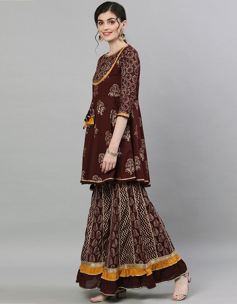 Elegant Brown Pure Cotton Sharara Suit for Women | Comfortable Ethnic Wear | Perfect for Weddings, Festivals & Special Occasions