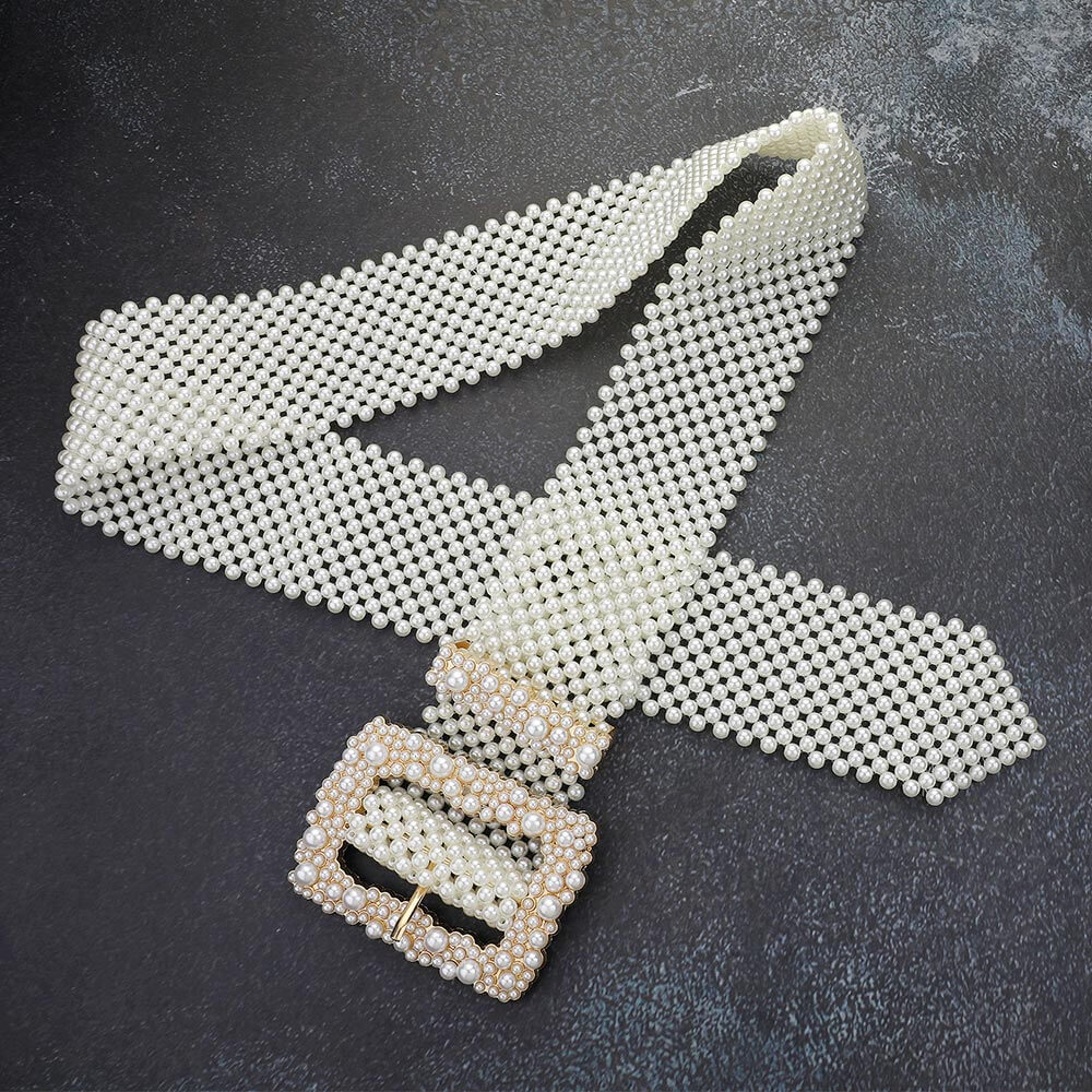 Elegant Cream Pearl Embellished Rectangle Buckle Belt for Women | Fashion Waist Accessory for Dresses, Skirts & Jeans | Perfect for Office, Party & Wedding Outfits