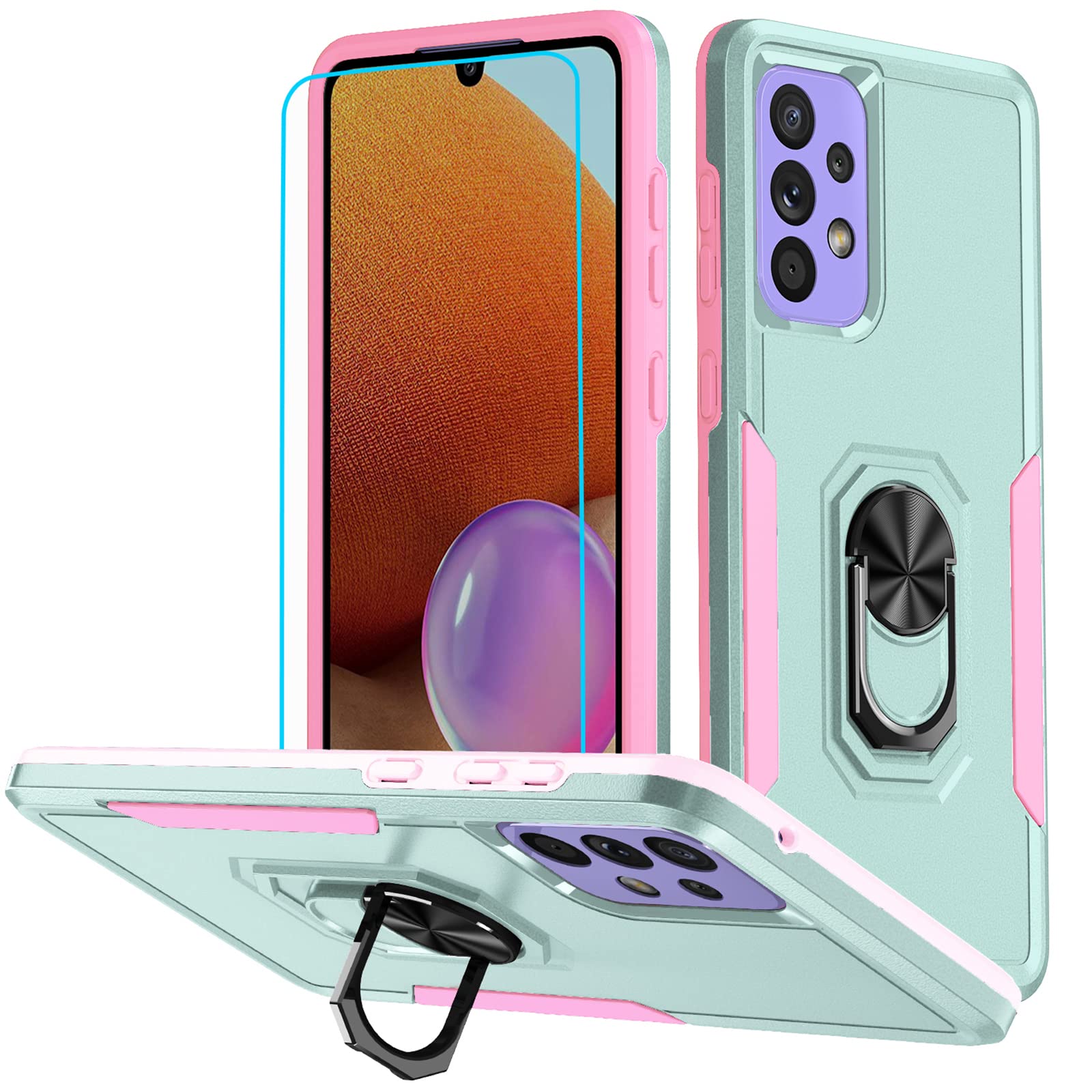 Samsung Galaxy A53 5G Case with Screen Protector - Military Grade Shockproof Phone Cover with Magnetic Ring & Kickstand for Car Mount | Perfect for Work, Travel & Outdoor Activities (KTZ Mint Pink)