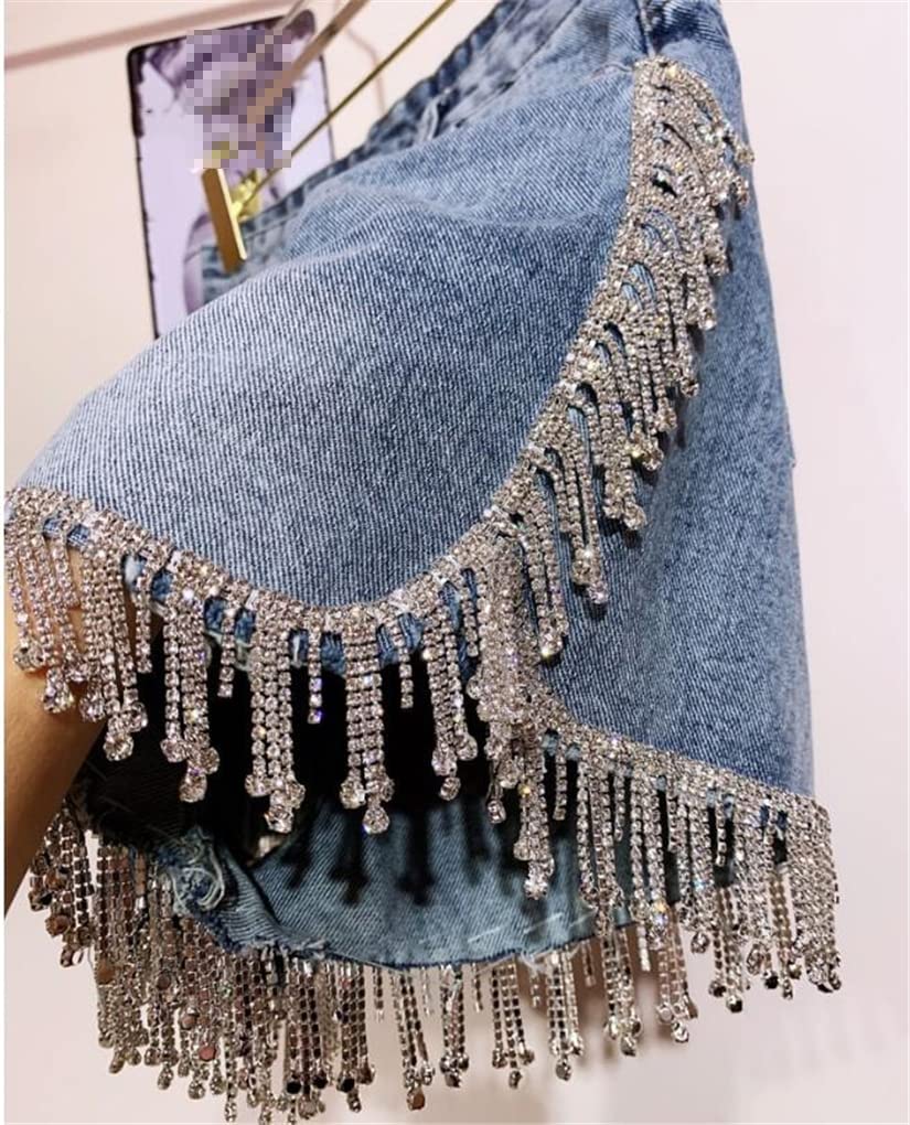 Sparkling Rhinestone Fringed High Waist Denim Shorts for Women - Stylish Diamond Tassel Embellished Jean Shorts | Perfect for Summer Outfits, Music Festivals & Night Out Parties