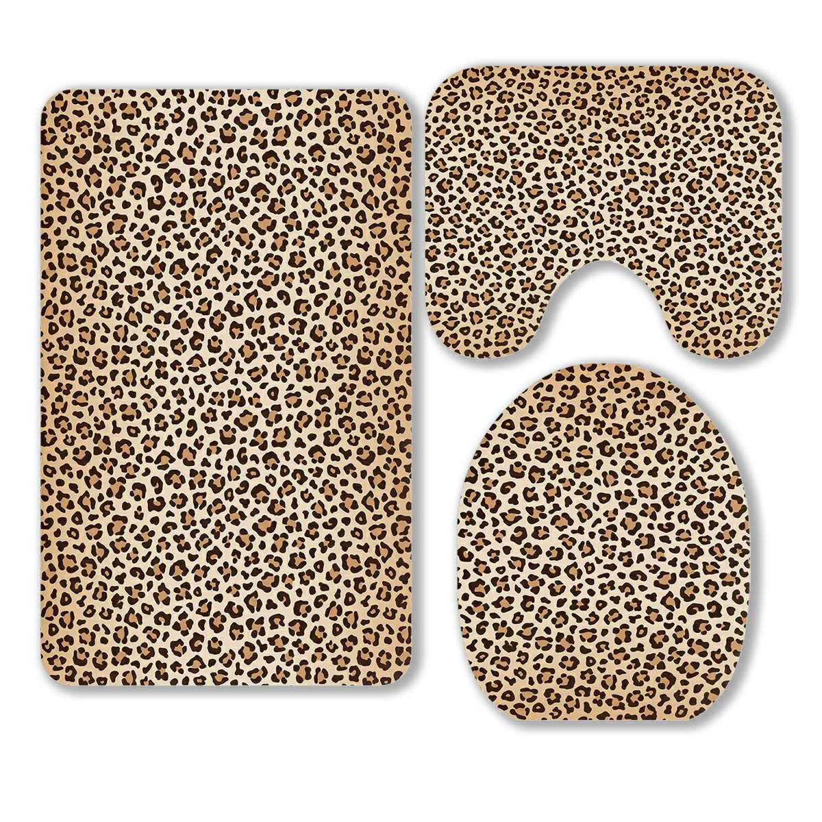 ECZJNT Leopard Print 3-Piece Bathroom Rug Set - Soft Non-Slip Bath Mat with Dark Border, Contour Mat & Toilet Lid Cover | Modern Home Decor for Bathroom, Shower & Vanity Area | Brown Beige Animal Print Bath Mat Set - Perfect for Master Bathrooms, Guest Suites & Powder Rooms