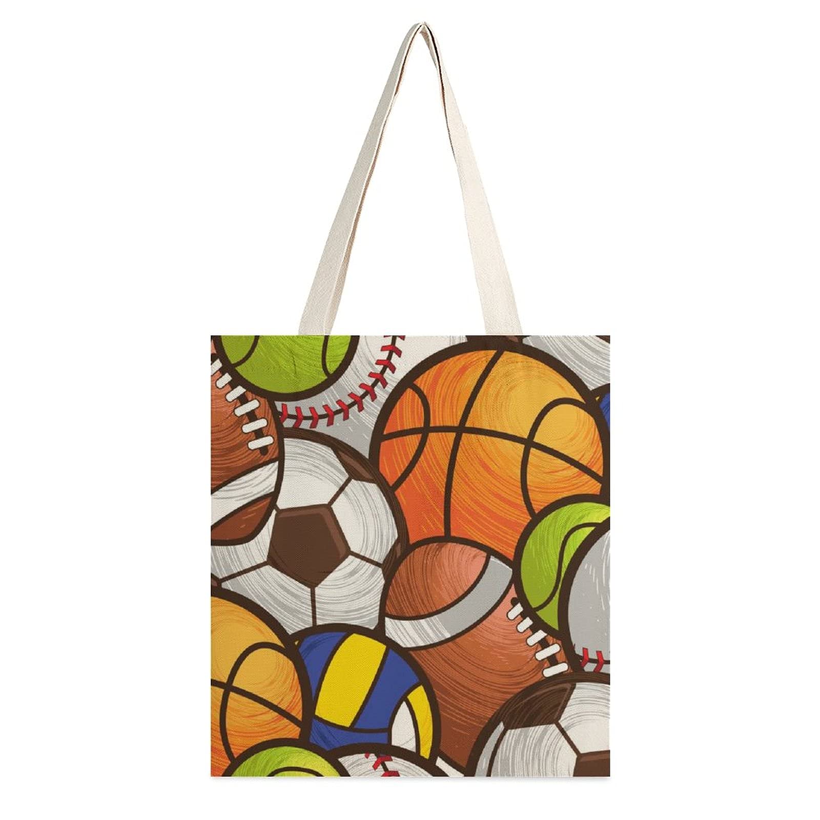 Basketball American Football Soccer Volleyball Baseball Printed Canvas Tote Bag - Durable Shopping & Grocery Storage Handbag for Women & Students - Perfect for School, Sports Events, and Daily Use