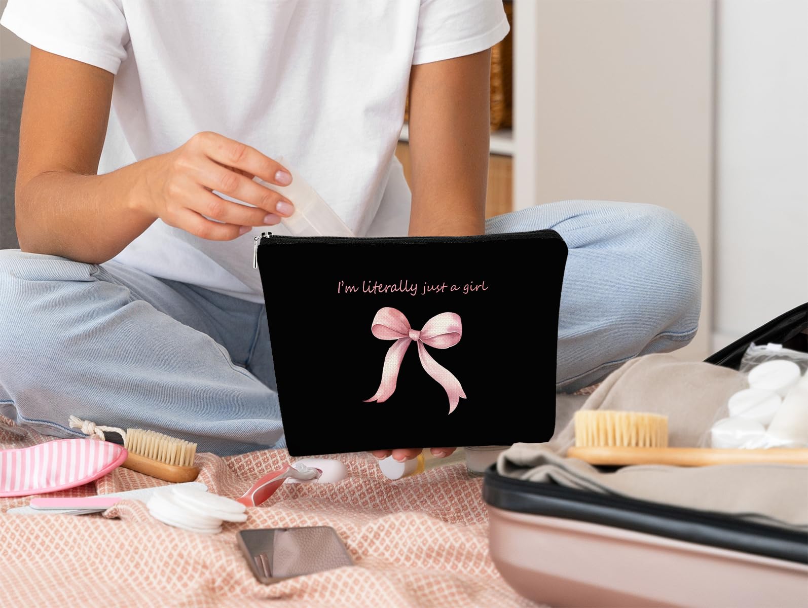 Pink Coquette Bow Makeup Bag | Trendy Preppy Cosmetic Pouch for Girls | Cute Aesthetic Makeup Organizer | Perfect Gift for Preppy & Coquette Lovers | Great for Travel, School & Daily Beauty Essentials