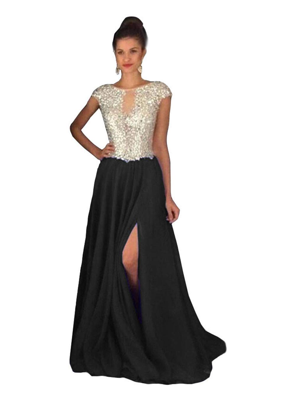 Emanni Women's Black Chiffon Prom Dress with High Slit - Elegant Long Evening Gown for Formal Events, Homecoming, Pageants & Special Occasions