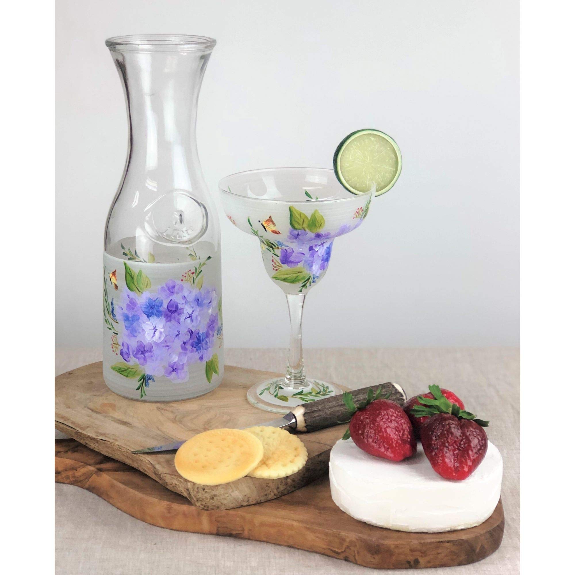 Set of 2 Hand-Painted Floral Margarita Glasses - 12oz Green & Blue Cocktail Cups for Summer Parties & Mexican Themed Decor