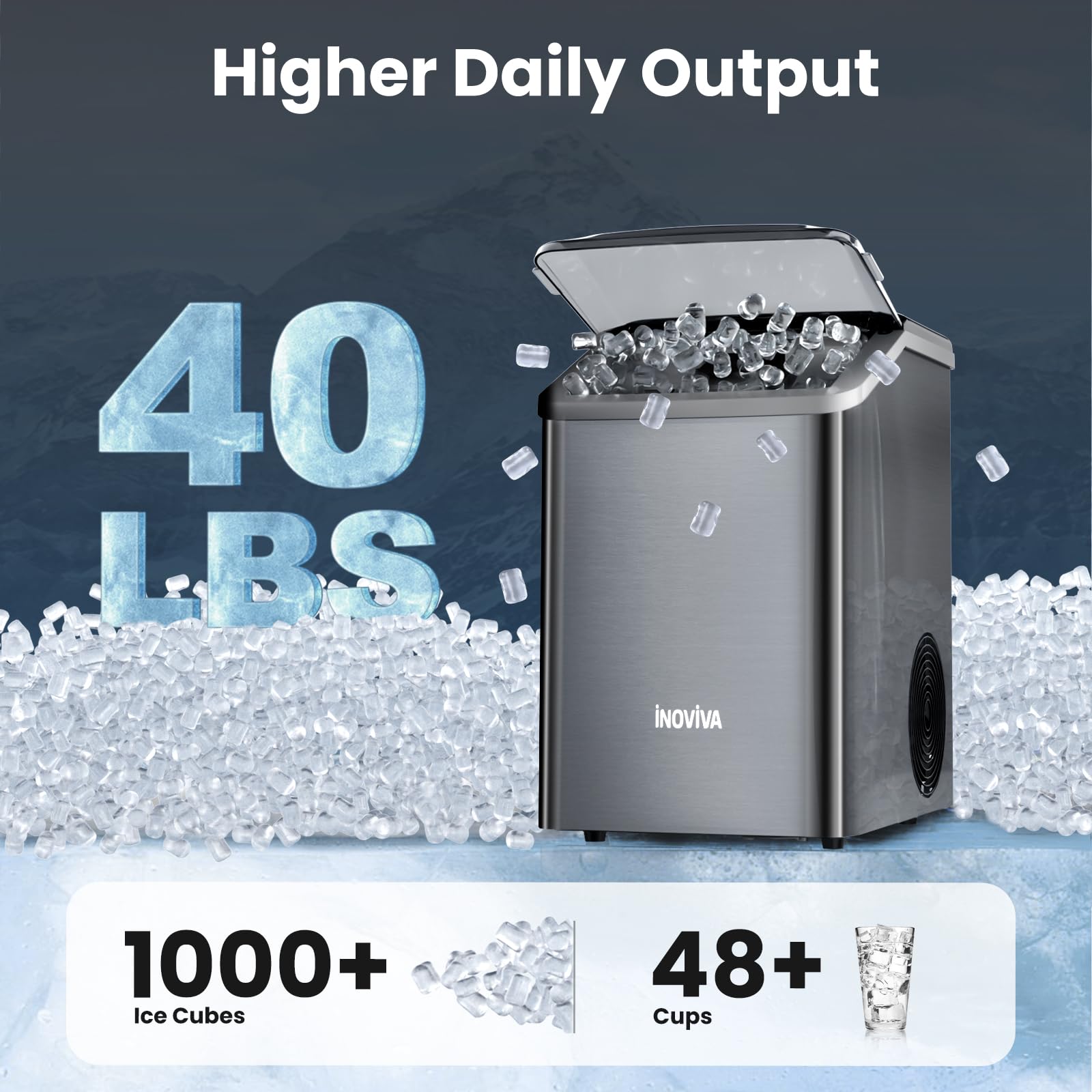 Portable Nugget Ice Maker Countertop - 40lbs/24H Soft Chewable Pellet Ice Machine with Self-Cleaning Function, Sonic Ice Maker for Home Kitchen, Office, Bar, RV - Black Stainless Steel | Perfect for Cocktails, Sodas & Entertaining