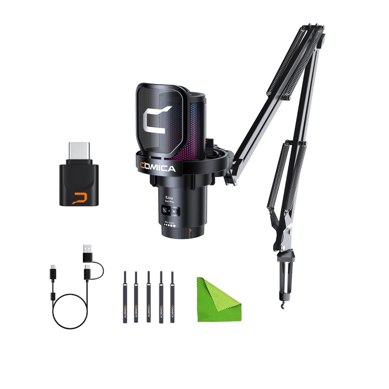 Comica Wireless USB Microphone for PC & Smartphone - 48kHz/24bit RGB Cardioid Condenser Mic for Gaming, Podcasting, Streaming & Recording with Boom Arm Stand (Black) - Perfect for Home Studio, Twitch Live Stream & YouTube Content Creation (EJoy Uni Pro A)