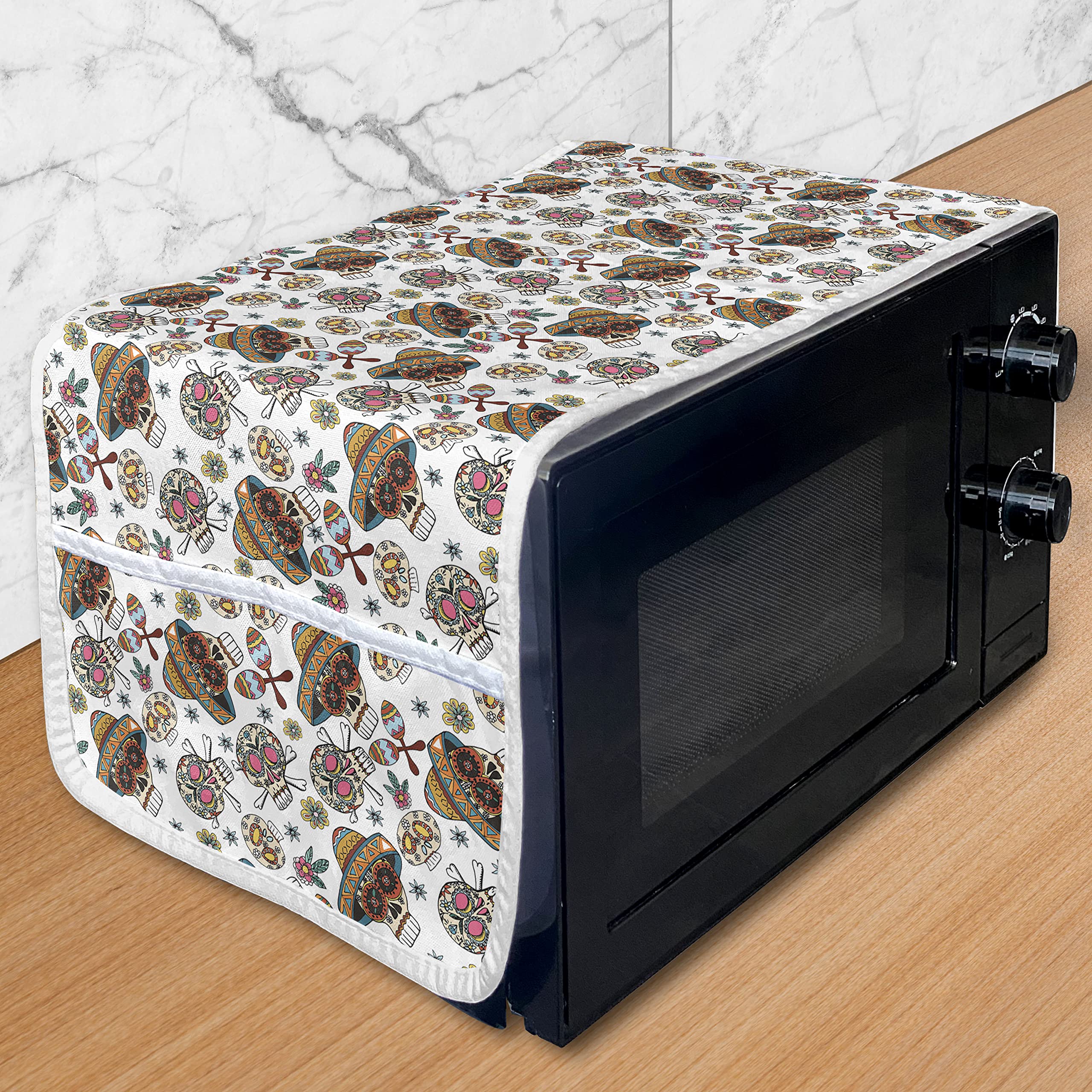Ambesonne Dia De Los Muertos Microwave Cover - Mexican Sugar Skull Floral Pattern with Maracas - Waterproof Kitchen Organizer with Pockets - 36