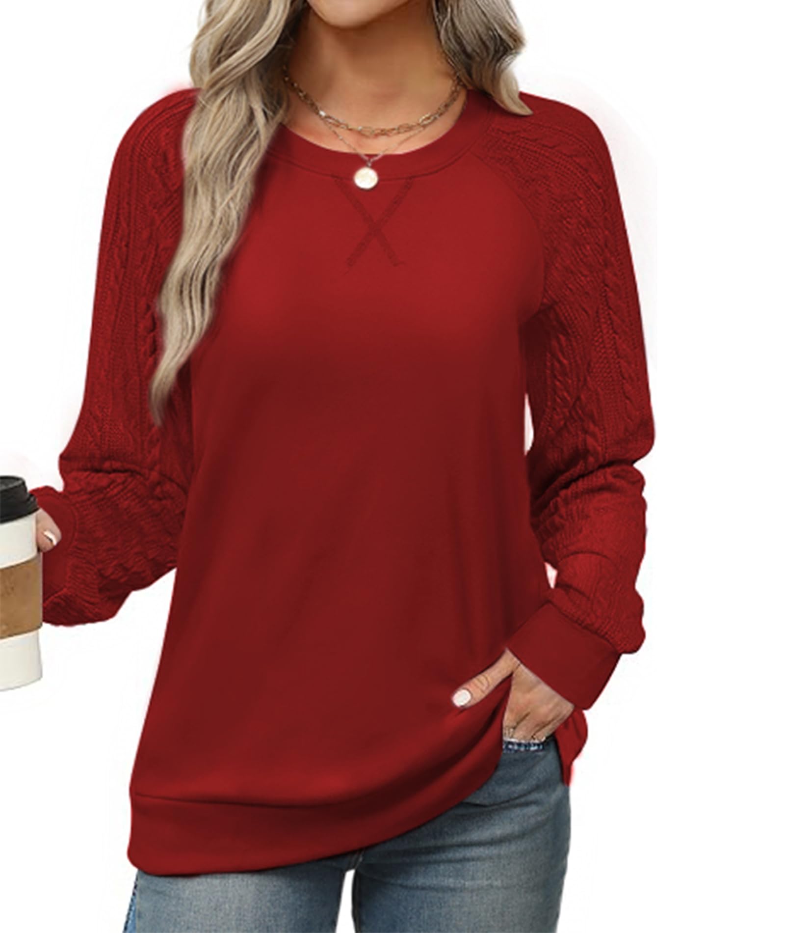 2025 Fashion Women's Cable Knit Sweatshirt - Crewneck Long Sleeve Loose Lightweight Pullover Sweater Top for Fall | Casual Outfit, Layering Essential, Cozy Autumn Wear