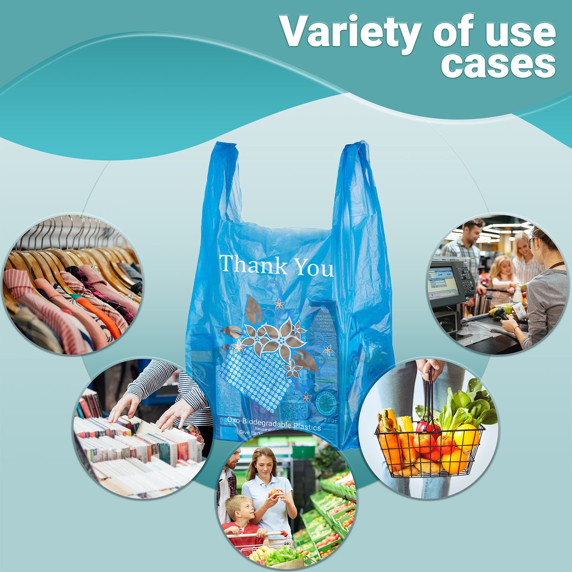 APQ 500 Pack Jumbo Thank You Plastic Bags 16x8x26 Inches - Blue Thick 18 Micron T-Shirt Carry Out Bags | Eco-Friendly Preprinted Retail Shopping Bags for Grocery Stores, Boutiques & Gift Shops