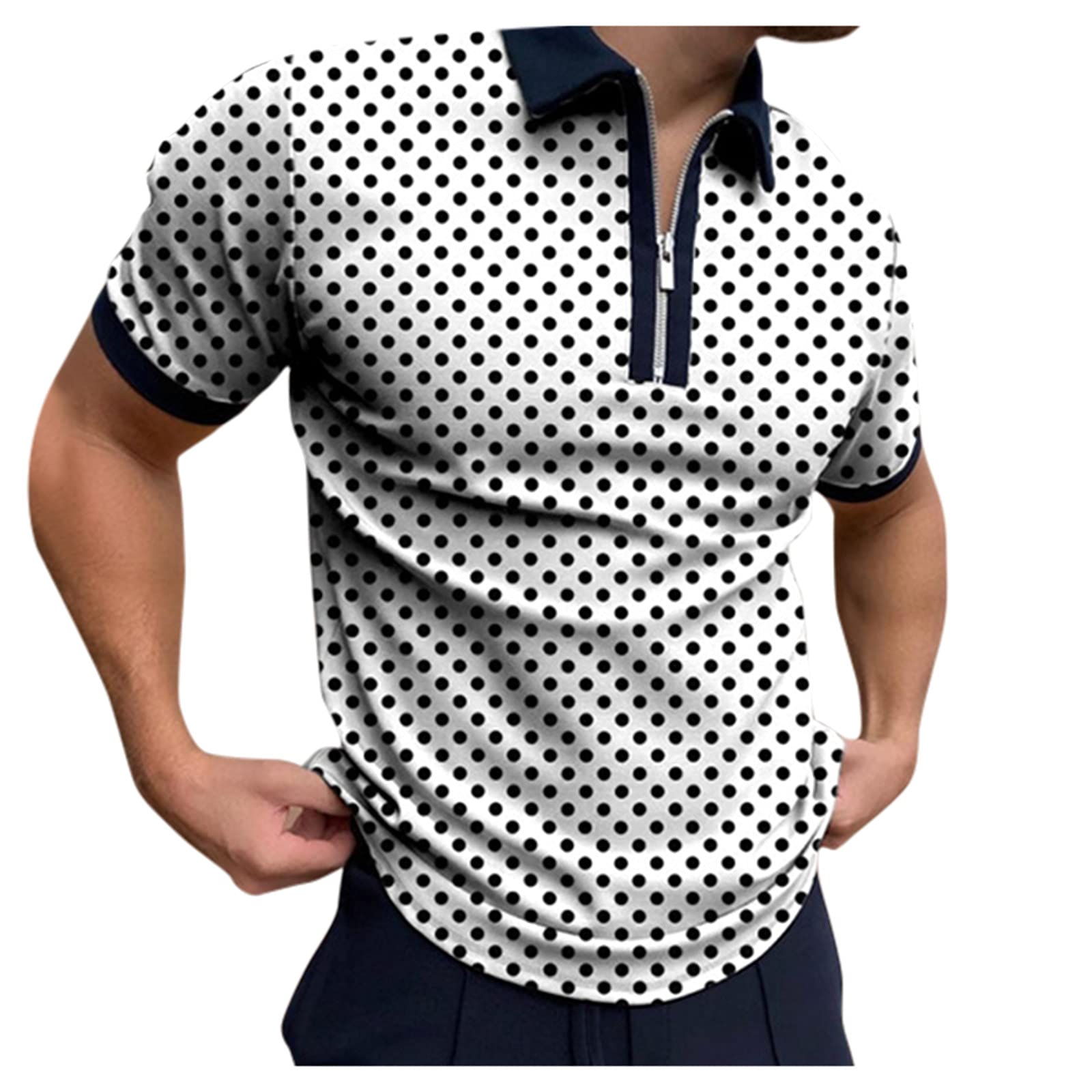 Vintage Men's Polka Dot Print Casual Zipper Polo Shirt with Turn Down Collar - Perfect for Office, Party & Retro Fashion Outfits