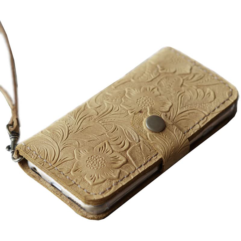 Genuine Leather Wristlet Case for iPhone 16/16 Pro Max/16 Plus/15/15 Pro Max/14 Pro/13 Mini/12/SE - Premium Tooled Design (Model 408H, Tan) - Perfect for Everyday Use, Travel & Hands-Free Convenience
