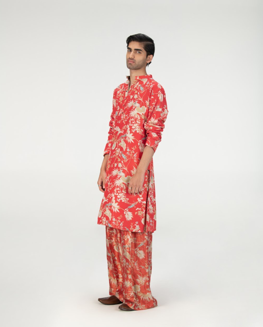 Bade Miyan Kurta Muga Satin Silk Red - Traditional Indian Men's Kurta for Festivals & Weddings
