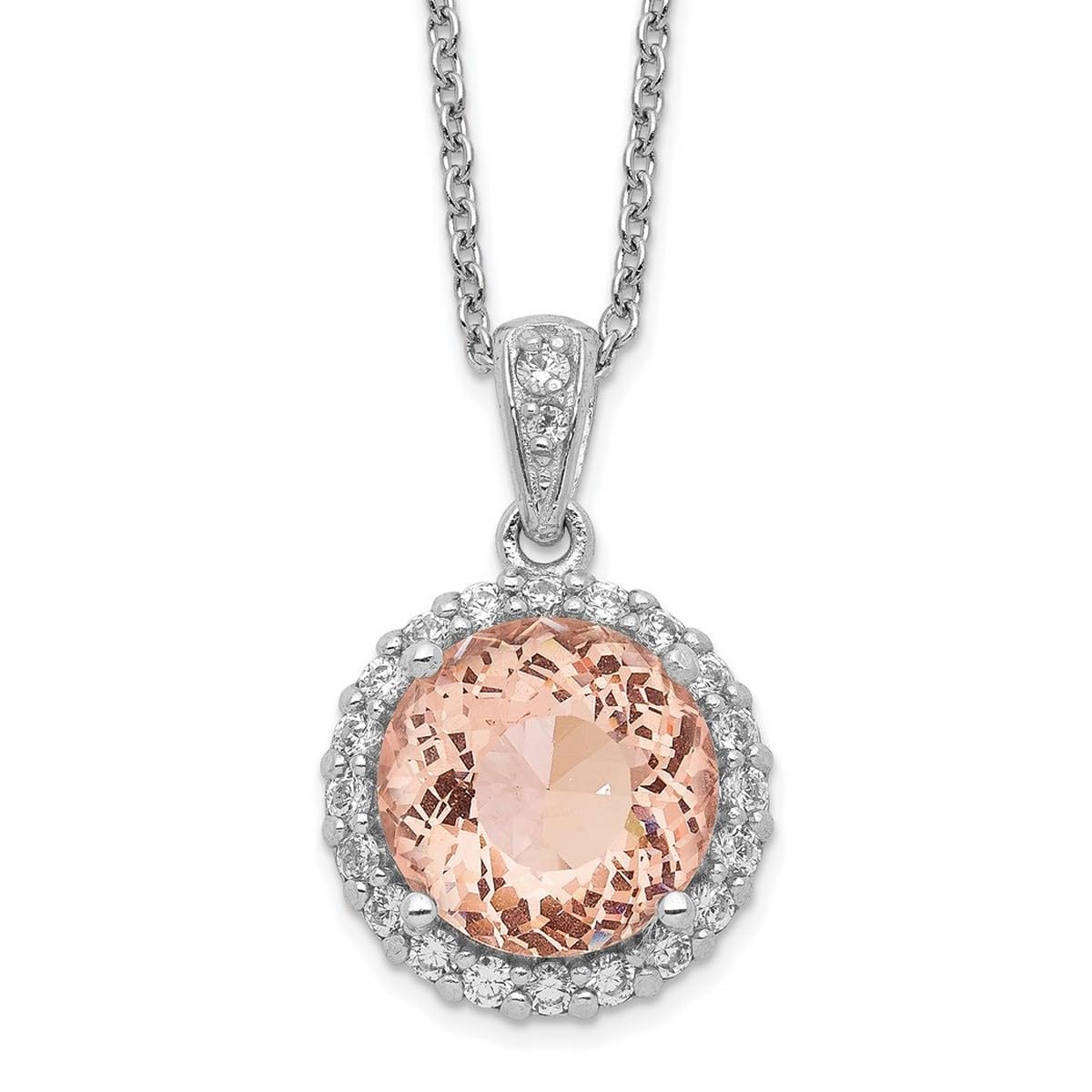 925 Sterling Silver Faceted Fancy Lobster Clasp Cubic Zirconia & Simulated Morganite 18 Inch Necklace for Women - Elegant 14mm Wide Pendant Necklace for Date Night, Wedding & Special Occasions