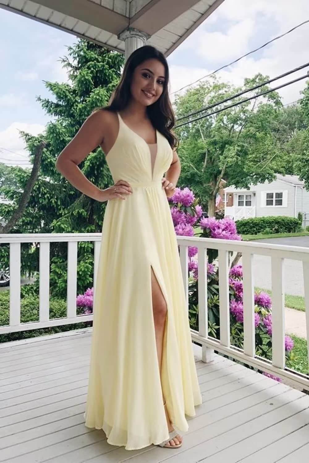 Elegant Chiffon Bridesmaid Dresses - Long V-Neck Backless Wedding Guest Gowns with High Slit for Women | Perfect for Beach Weddings, Formal Events & Evening Parties