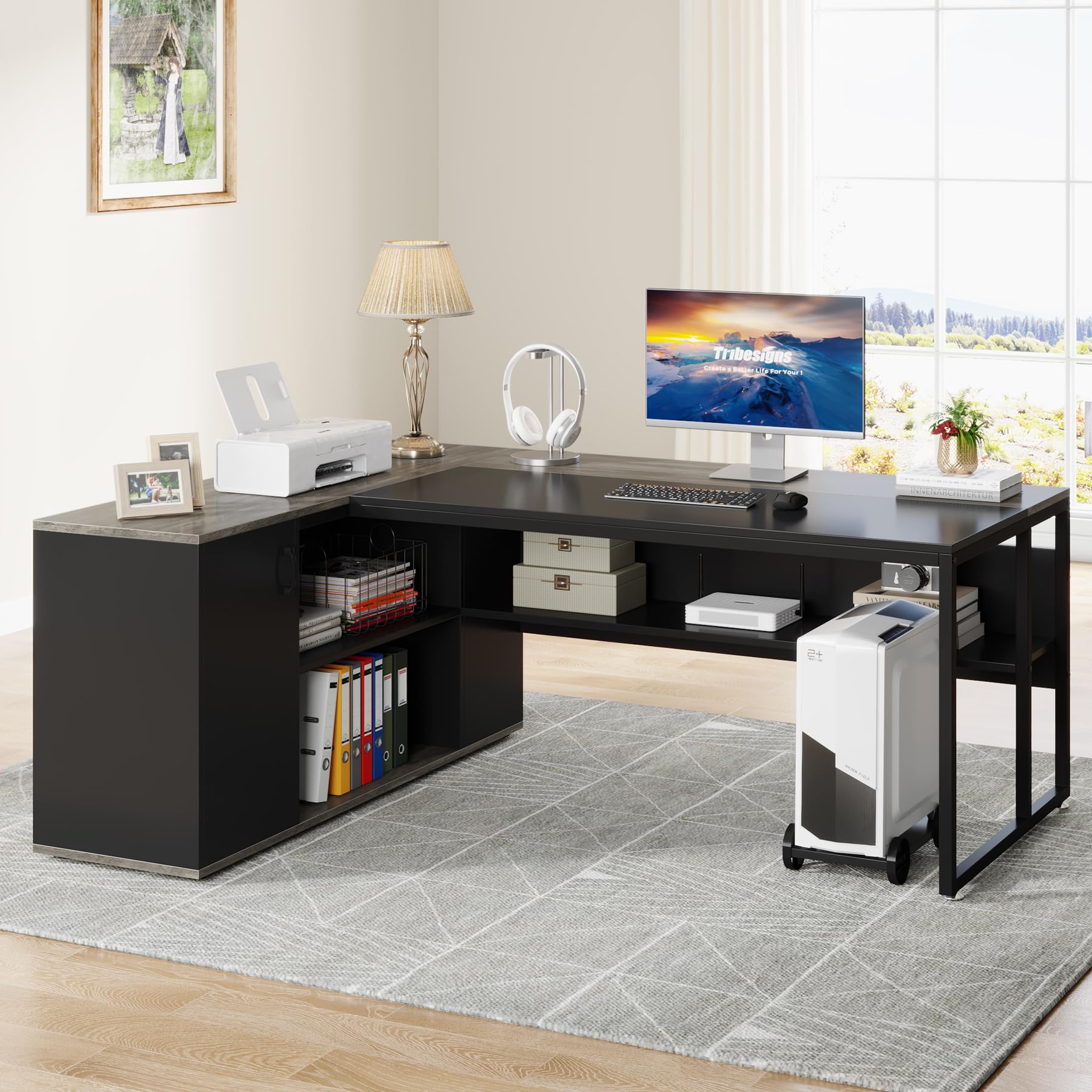 Tribesigns 71 Inch L-Shaped Executive Desk with Cabinet Storage & Shelves - Modern Home Office Workstation for Business & Remote Work (Gray) | Perfect for Small Spaces & Productivity Setup
