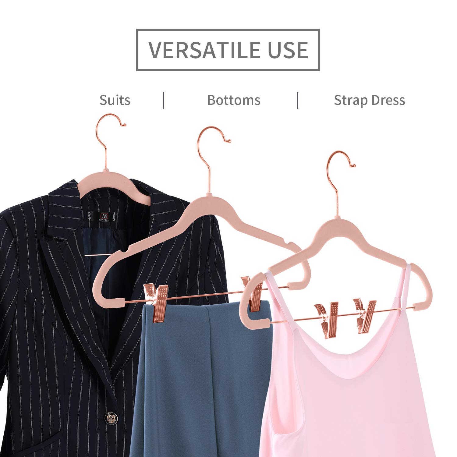 Premium Velvet Pants Hangers with Clips - Pack of 20 Non-Slip Slim Skirt & Dress Hangers - Blush Pink with Rose Gold Hooks - Space Saving Closet Organizer for Pants, Skirts, Dresses & Shirts - Perfect for Wardrobe Organization & Travel Packing