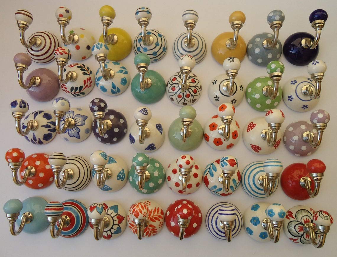 Handpainted Decorative Ceramic Wall Hooks - Assorted Colors (Set of 6) for Kitchen, Bathroom, Coat & Towel Hanging - Colorful Home Organization Solution