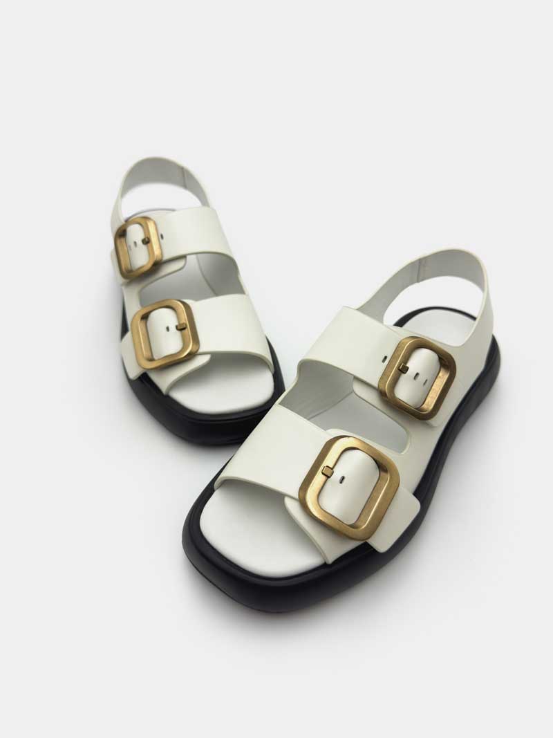 White Leather Platform Sandals with Buckles - Women's Fashion Chunky Heel Summer Shoes for Beach, Party & Casual Outfits