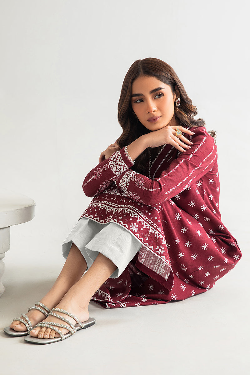 Luxury Maroon 2-Piece Printed Khaddar Suit for Women | Traditional Pakistani Outfit | Elegant Party Wear & Wedding Guest Dress