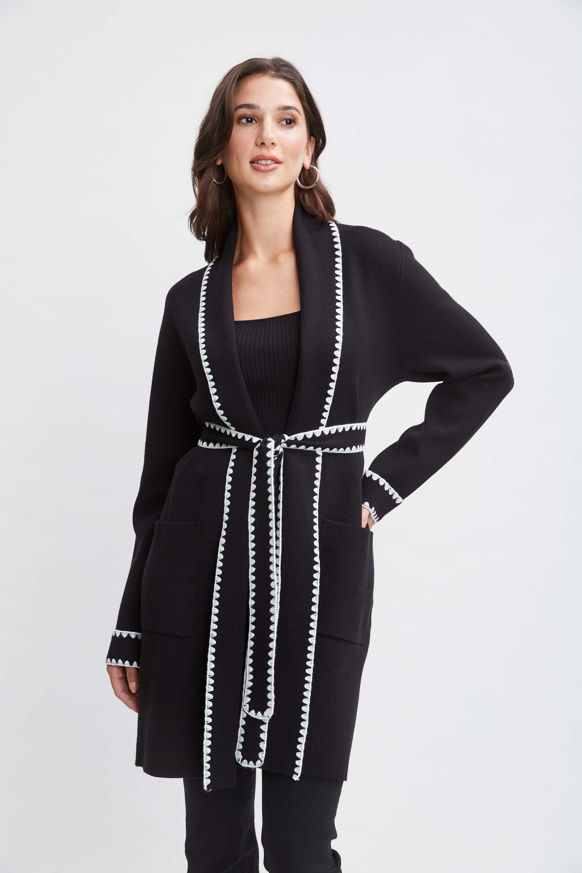 Tahari Whipstitch Belted Cardigan for Women - Stylish Long Sleeve Open Front Knit Sweater | Perfect for Office, Date Night & Fall Layering
