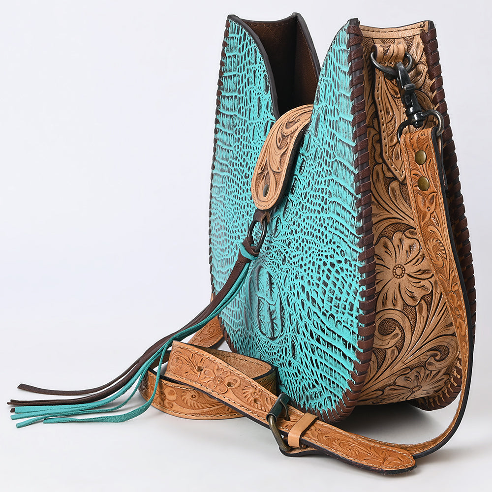 American Darling ADBG1039 Hobo Hand Tooled Crocodile Embossed Genuine Leather Women's Handbag Purse - Western Style Crossbody Bag for Casual Outings & Cowgirl Fashion