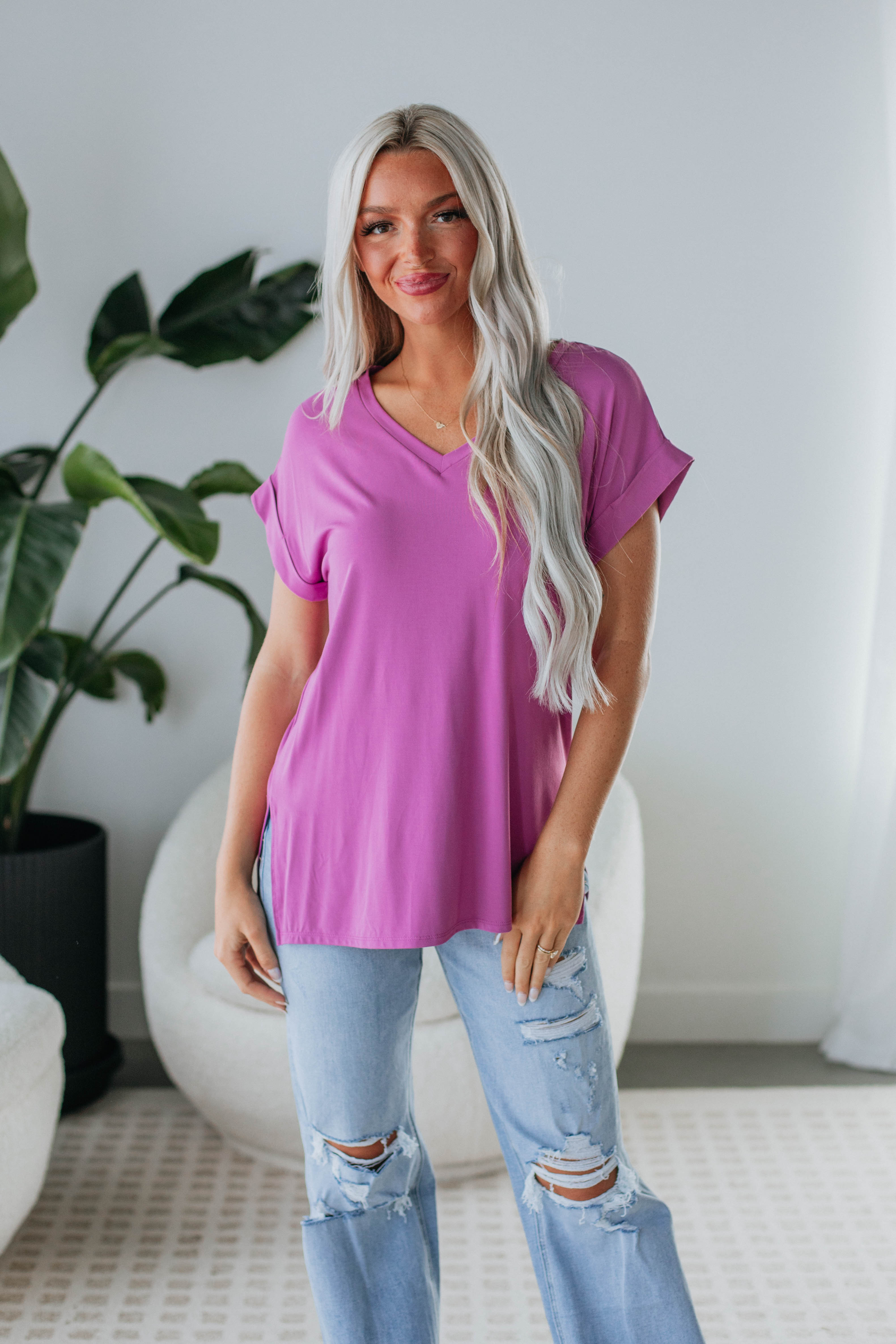 Jill Basic Tee Women's Soft Cotton T-Shirt in Orchid Purple - Casual Everyday Wear & Layering Essential