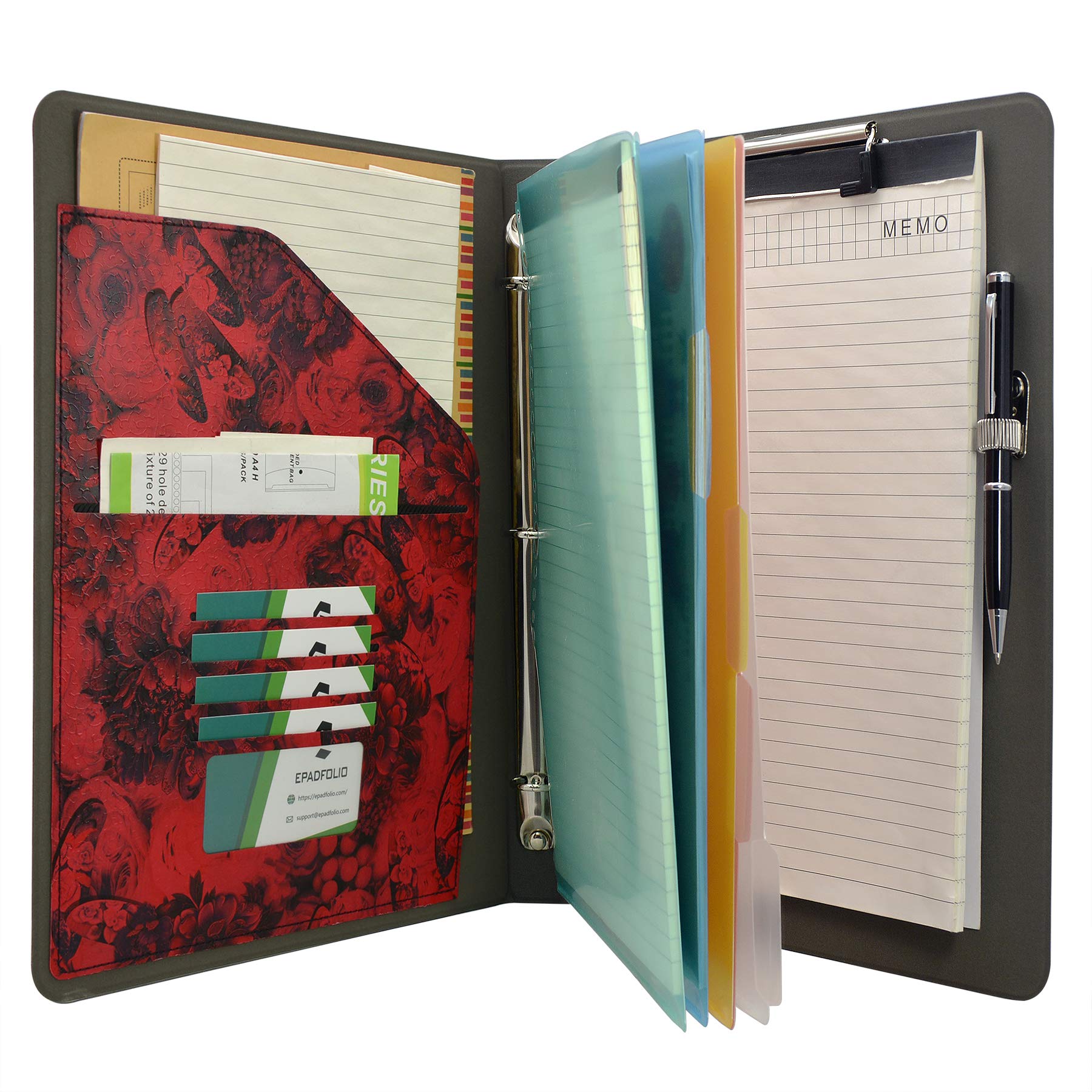 Premium Flower Painting PU Leather Padfolio Ring Binder with Color File Folders - 3-Ring Organizer Portfolio with Clipboard for Office, School & Business (Red) - Perfect for Meetings, Presentations & Document Organization