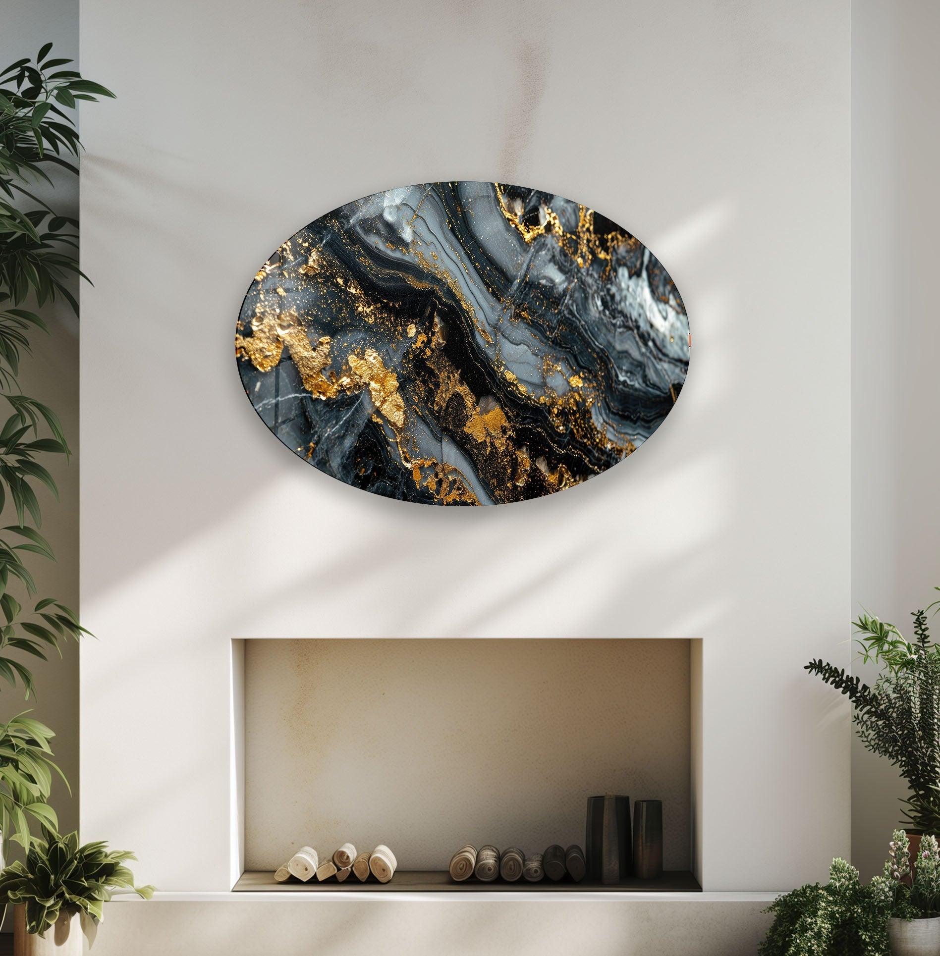 Asymmetric Oval Black Gold Splash Glass Wall Art - Modern Abstract Home Decor for Living Room, Bedroom & Office - Unique Handmade Glass Painting for Wall Decoration