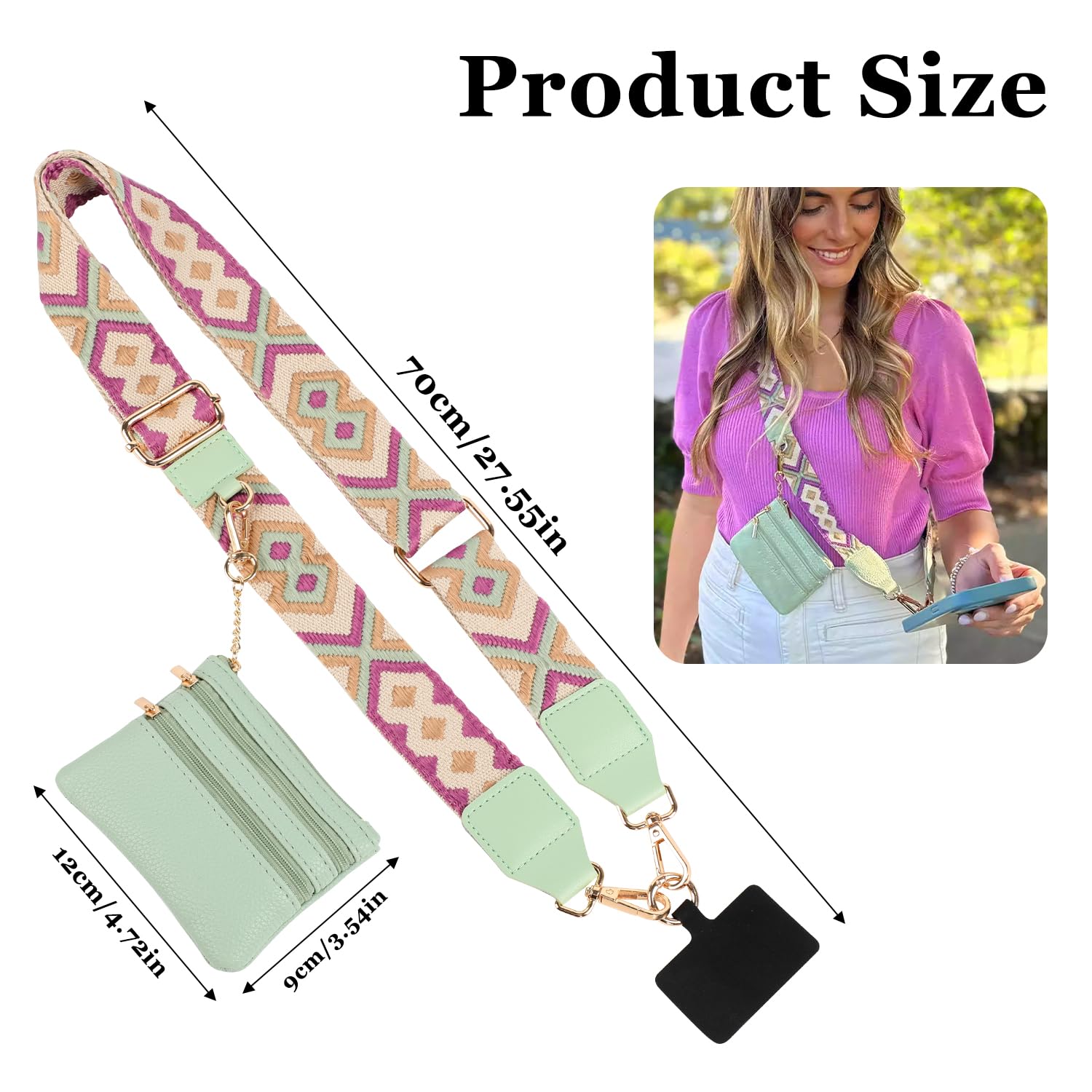 Adjustable Crossbody Phone Strap with Zippered Wallet Pouch - Green | Secure Hands-Free Phone Holder for Travel, Shopping & Outdoor Activities