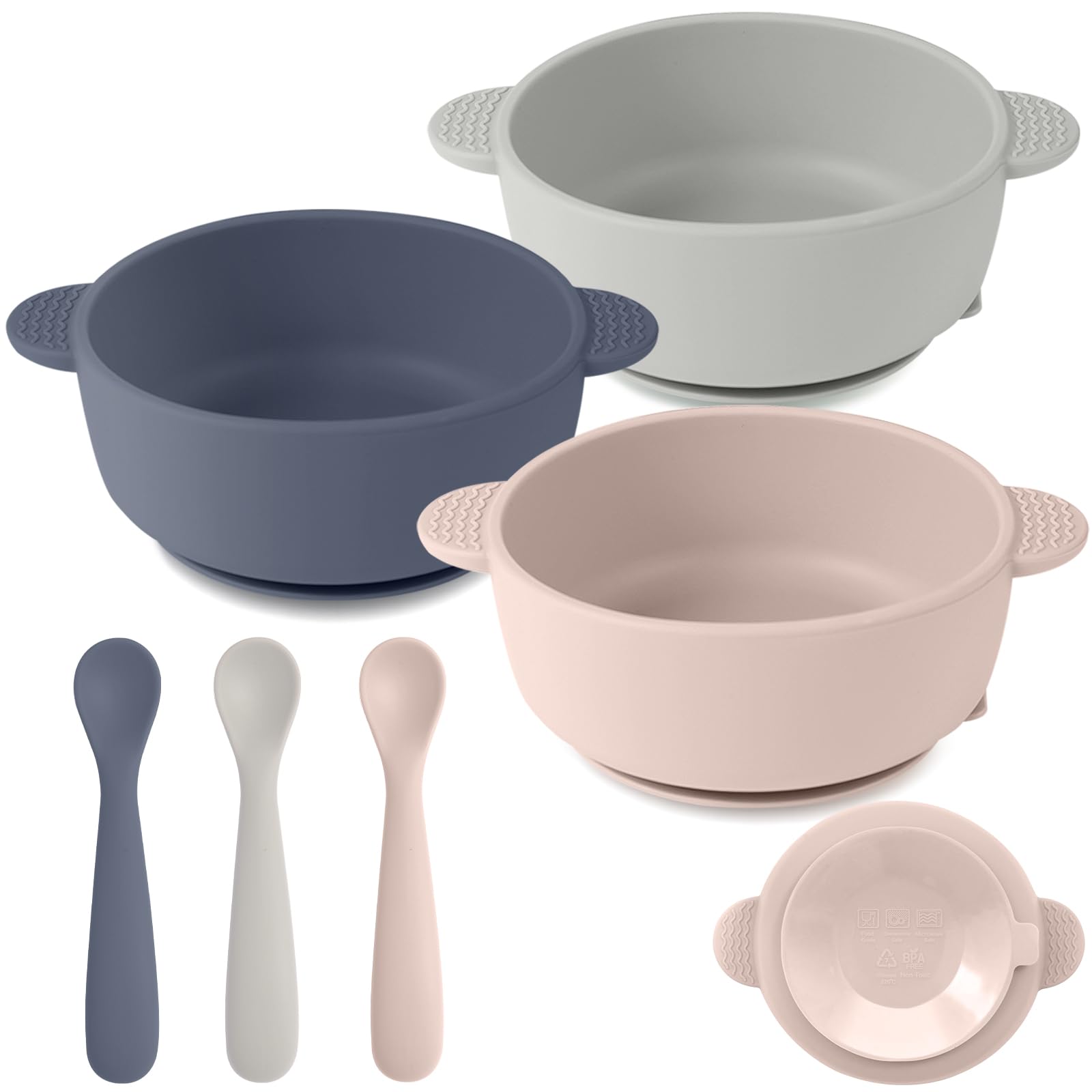 BPA-Free Silicone Baby Feeding Set - 3 Pack Suction Bowls & 3 Pack Spoons for Infants, Toddlers & Kids | Microwave & Dishwasher Safe | Perfect for Home, Travel & Daycare Use