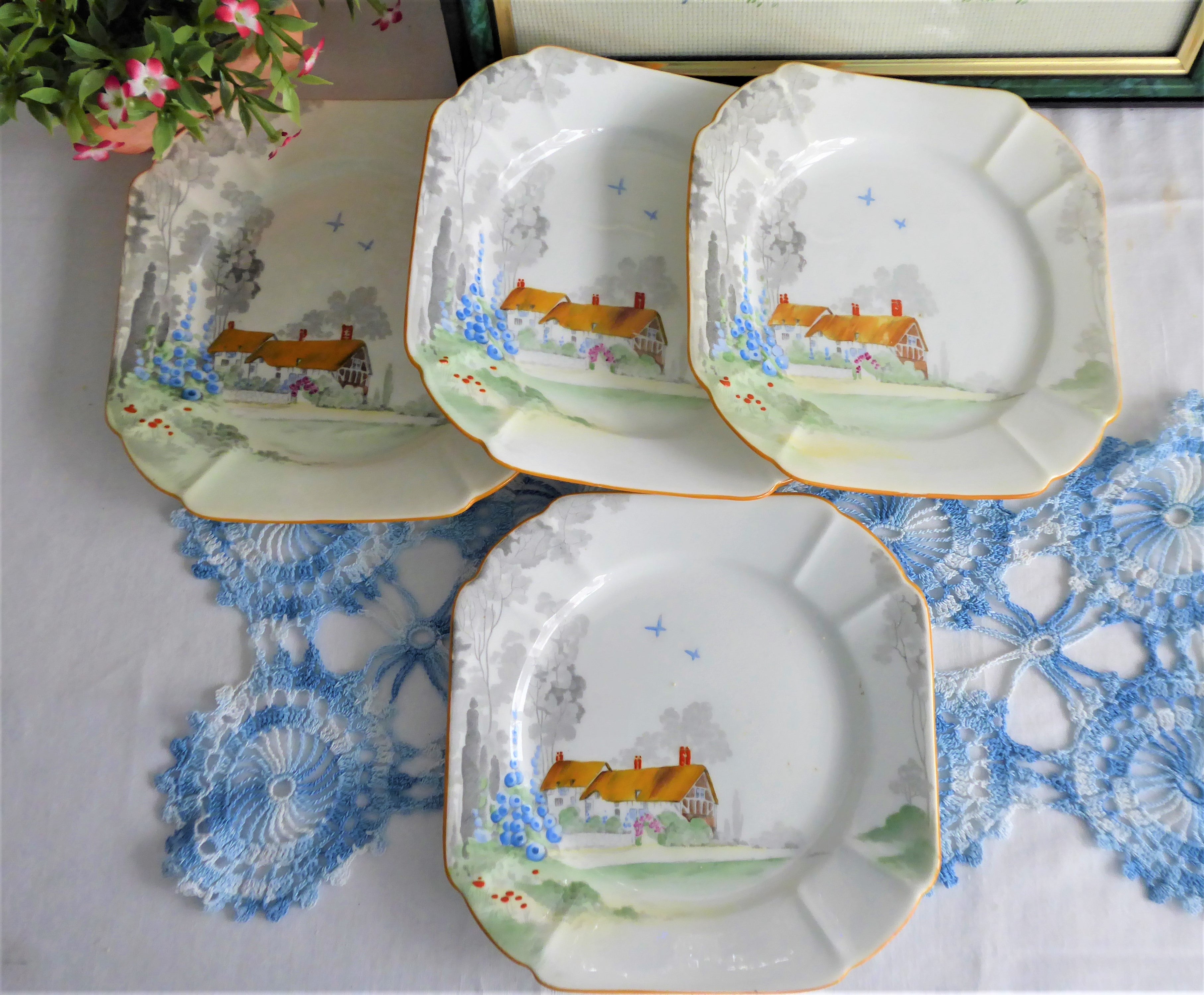 Vintage Shelley Cottage 2 Queen Anne Plate Set of 4 Salad Serving Plates - 1930s Antique English Dinnerware for Collectors & Tea Parties