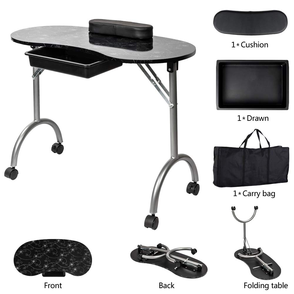 Portable Folding Manicure Table with Wrist Cushion & Drawer - Adjustable Nail Station Desk for Home Spa & Beauty Salon - Includes Carry Bag (Black) | Perfect for Professional Nail Technicians & DIY At-Home Manicures