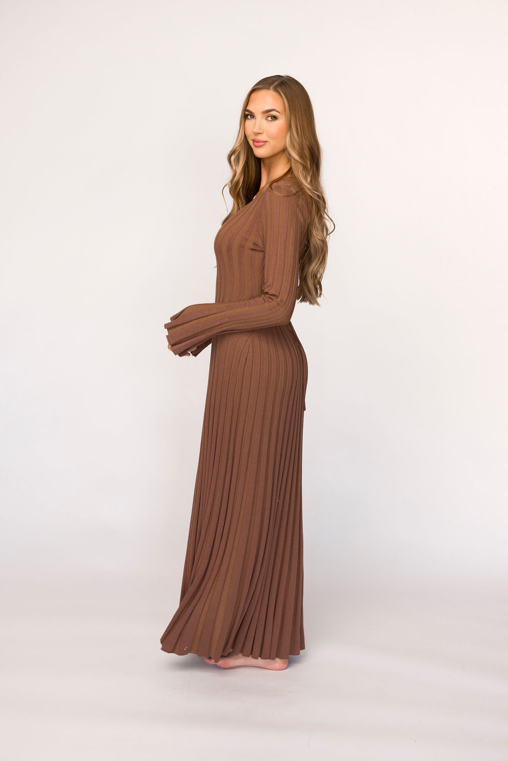 Hadley Long Sleeve V Neck Knit Maxi Dress in Cocoa - Women's Elegant Casual Maxi Dress for Fall & Winter | Perfect for Office, Date Night & Holiday Parties