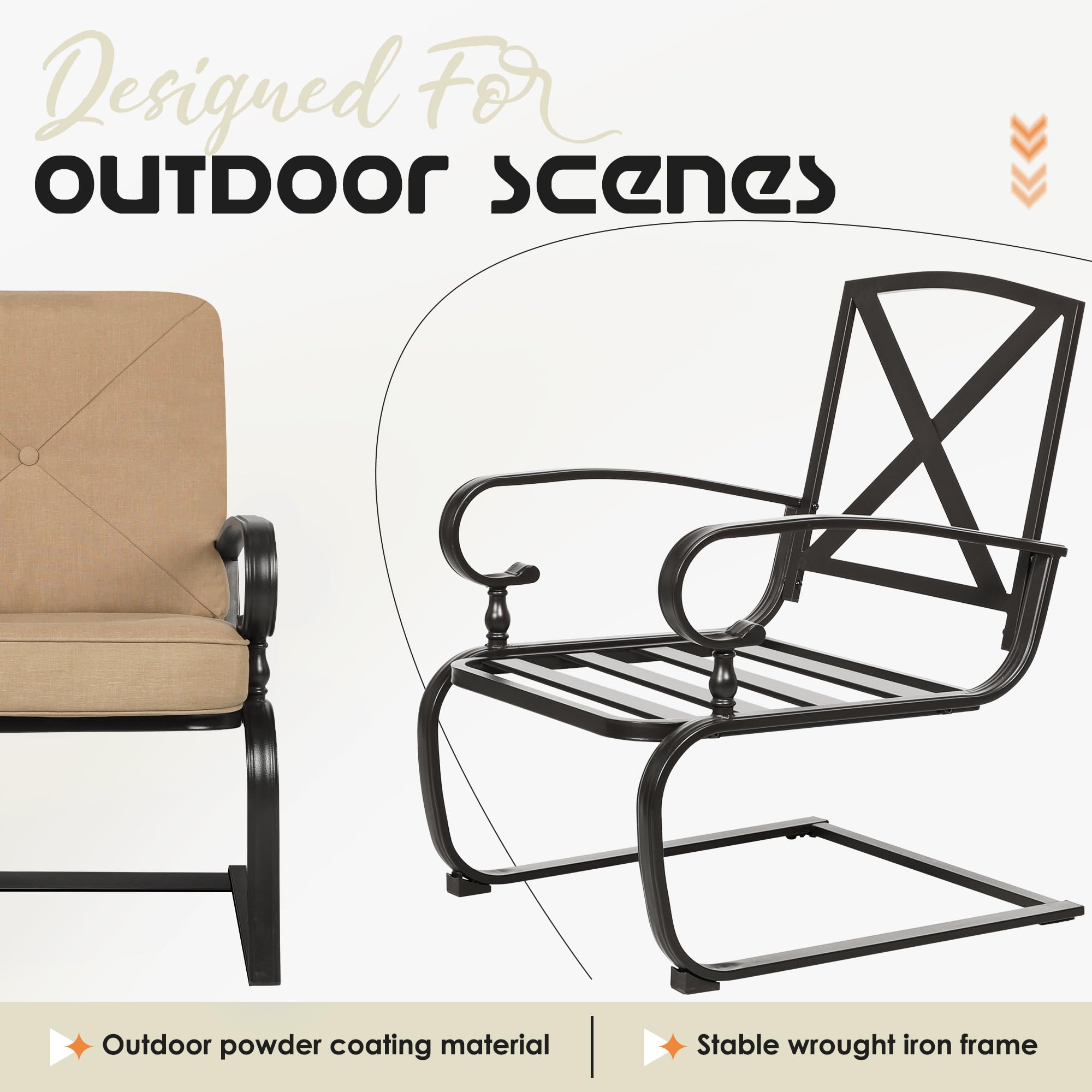 4-Piece Outdoor Patio Conversation Set - Glider Loveseat with 2 Spring Chairs & Coffee Table - Brown Cushions Included - Perfect for Backyard, Garden or Poolside Relaxation