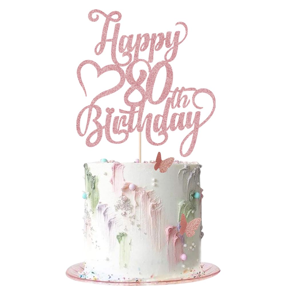 Rose Gold Glitter Happy 80th Birthday Cake Topper - Elegant 80th Anniversary/Birthday Party Decoration - Hello 80, Cheers to 80 Years, 80 & Fabulous - Perfect for Milestone Celebrations & Retirement Parties